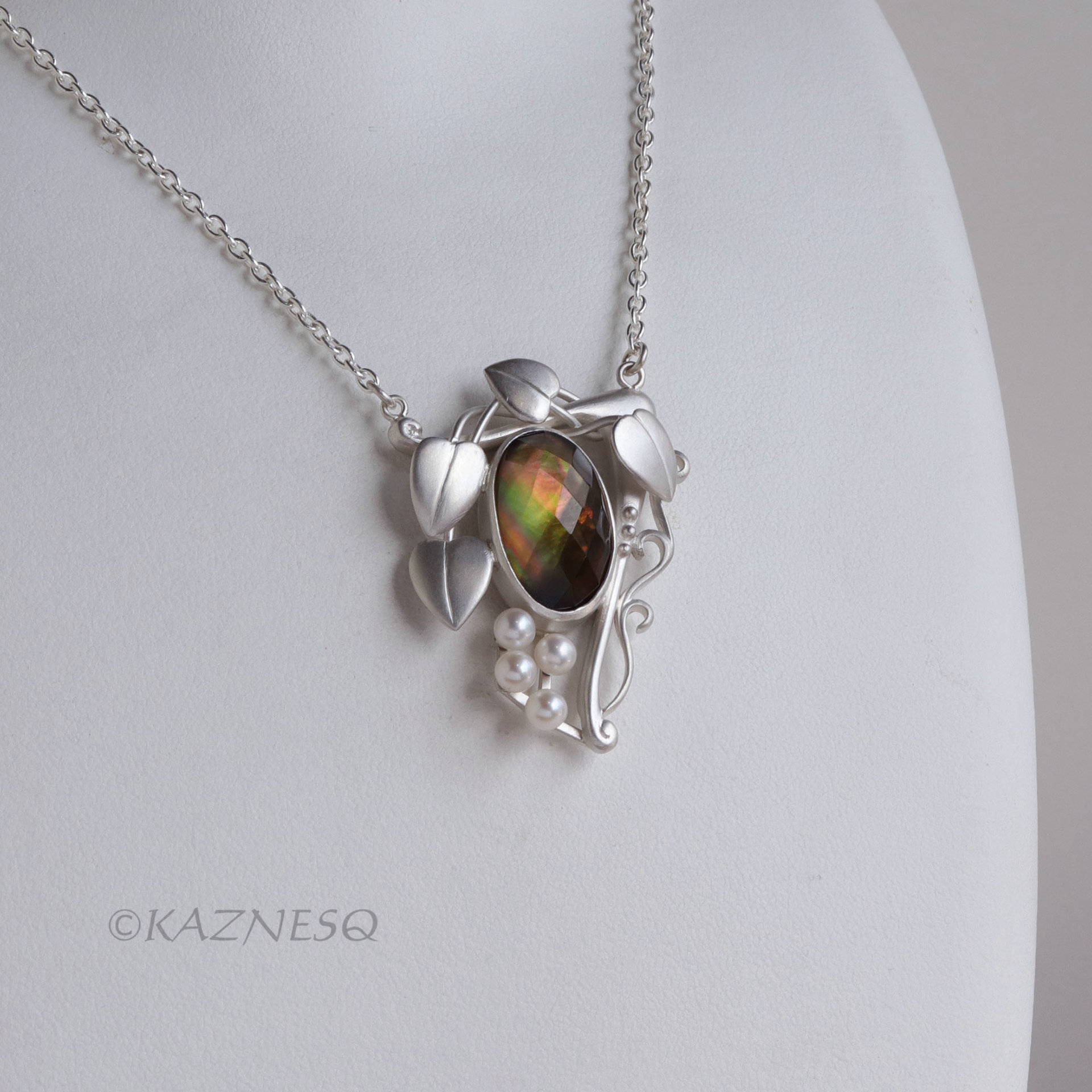 Citrine + Mother of Pearl leaf motif Art nouveau matte silver pendant necklace