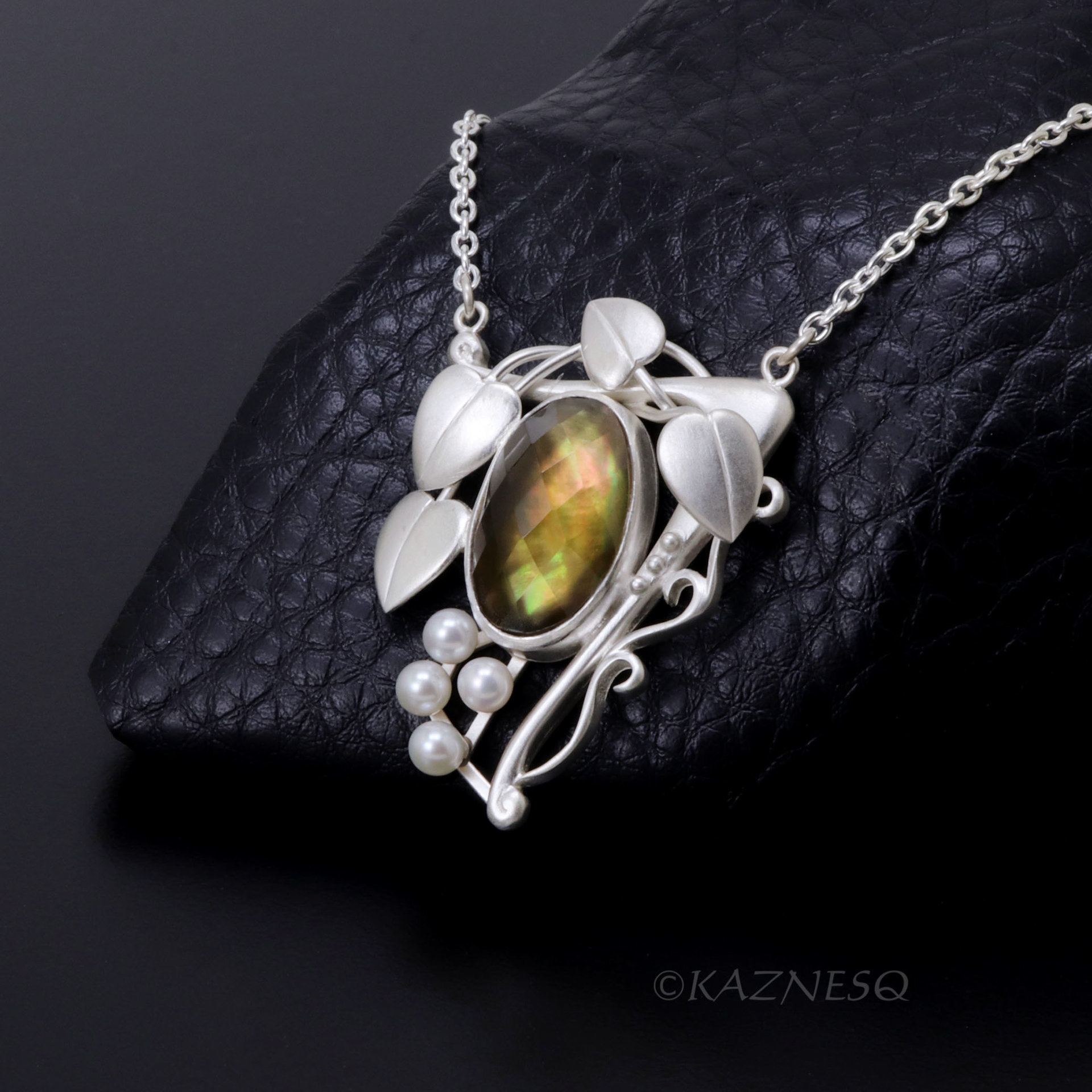 Citrine + Mother of Pearl leaf motif Art nouveau matte silver pendant necklace