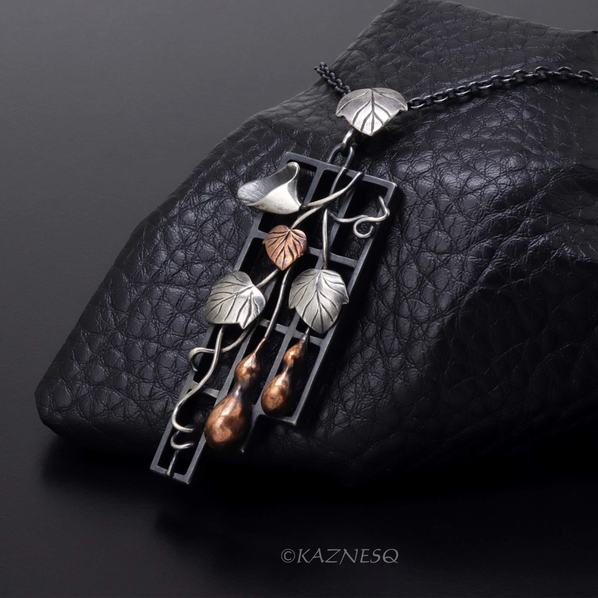 Gourd motif silver and copper leaf pendant necklace wabi sabi.
