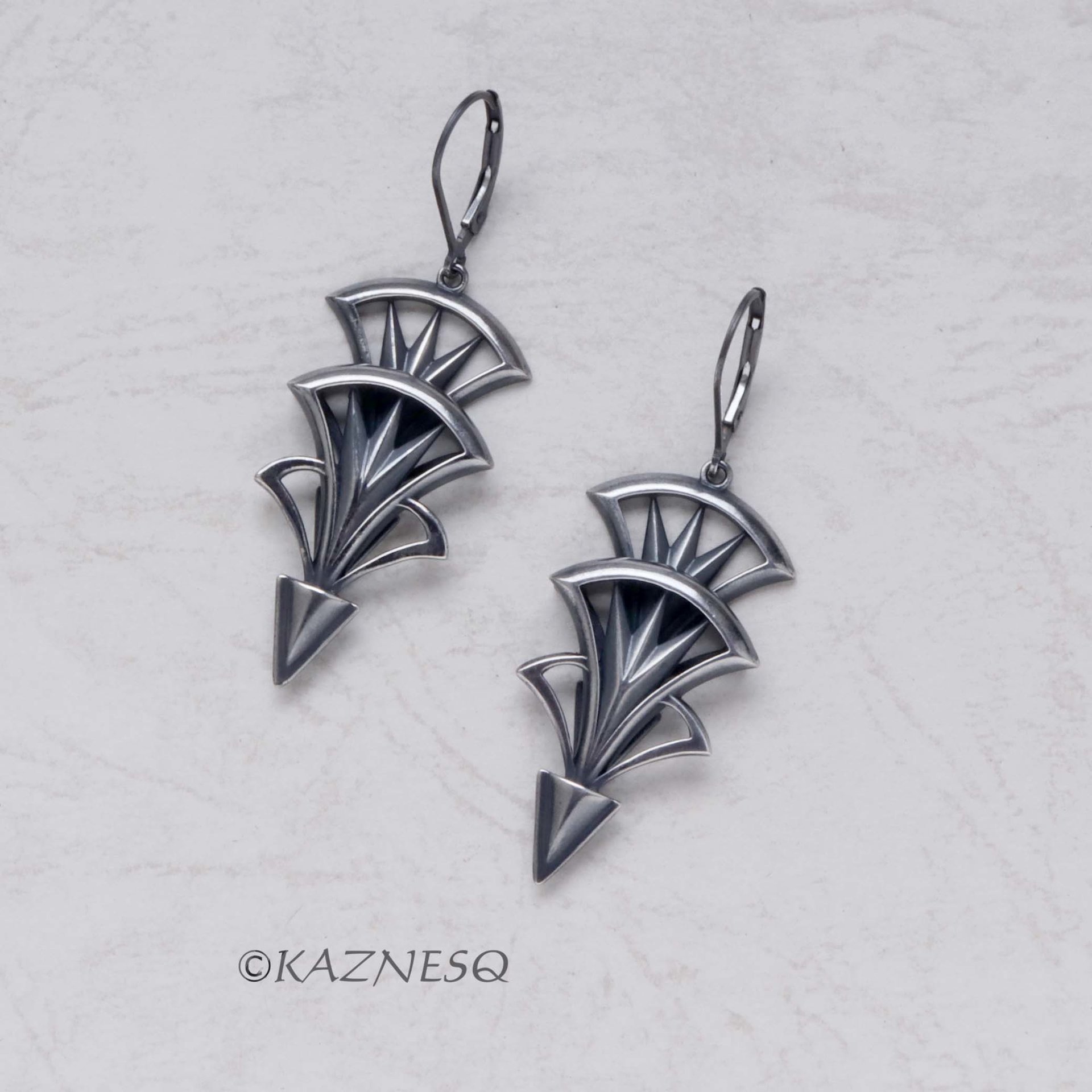 Art Deco style oxidized silver tri-arch earrings