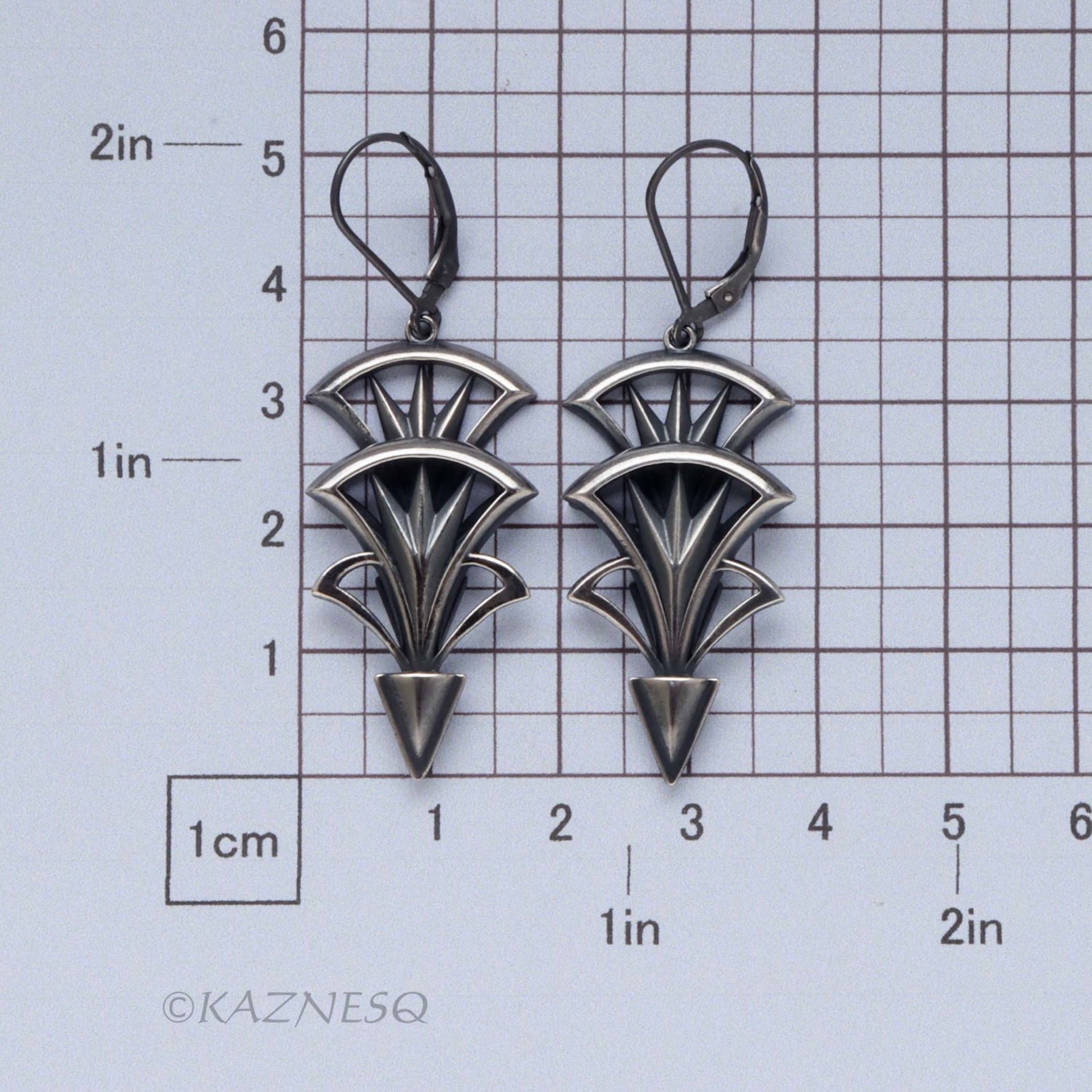 Art Deco style oxidized silver tri-arch earrings