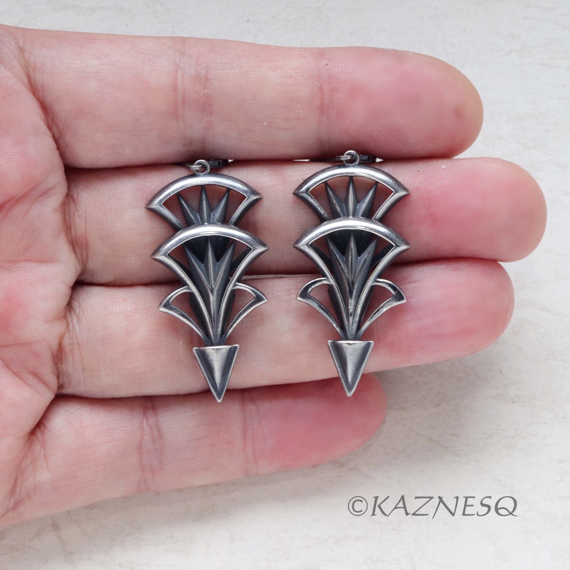 Art Deco style oxidized silver tri-arch earrings