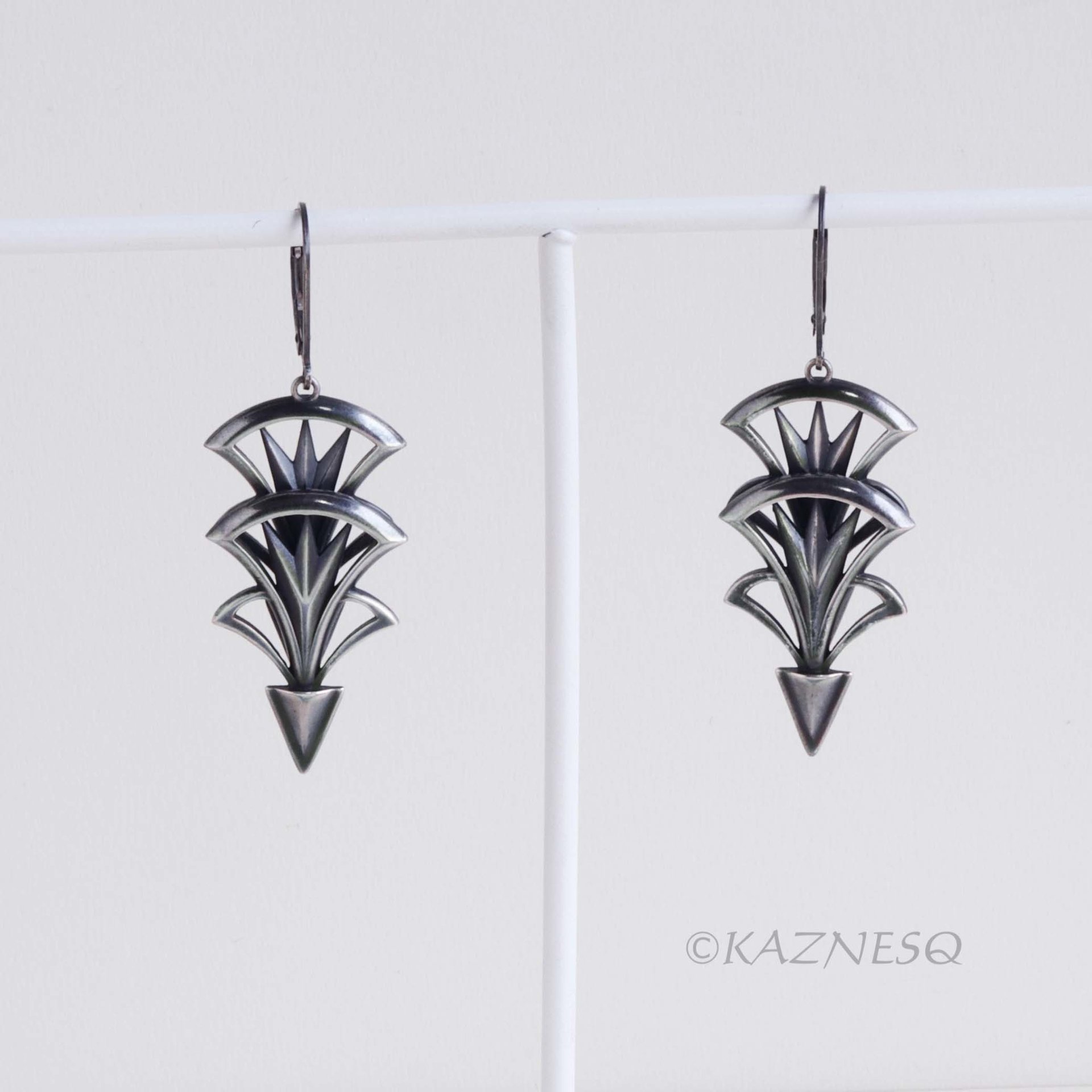 Art Deco style oxidized silver tri-arch earrings