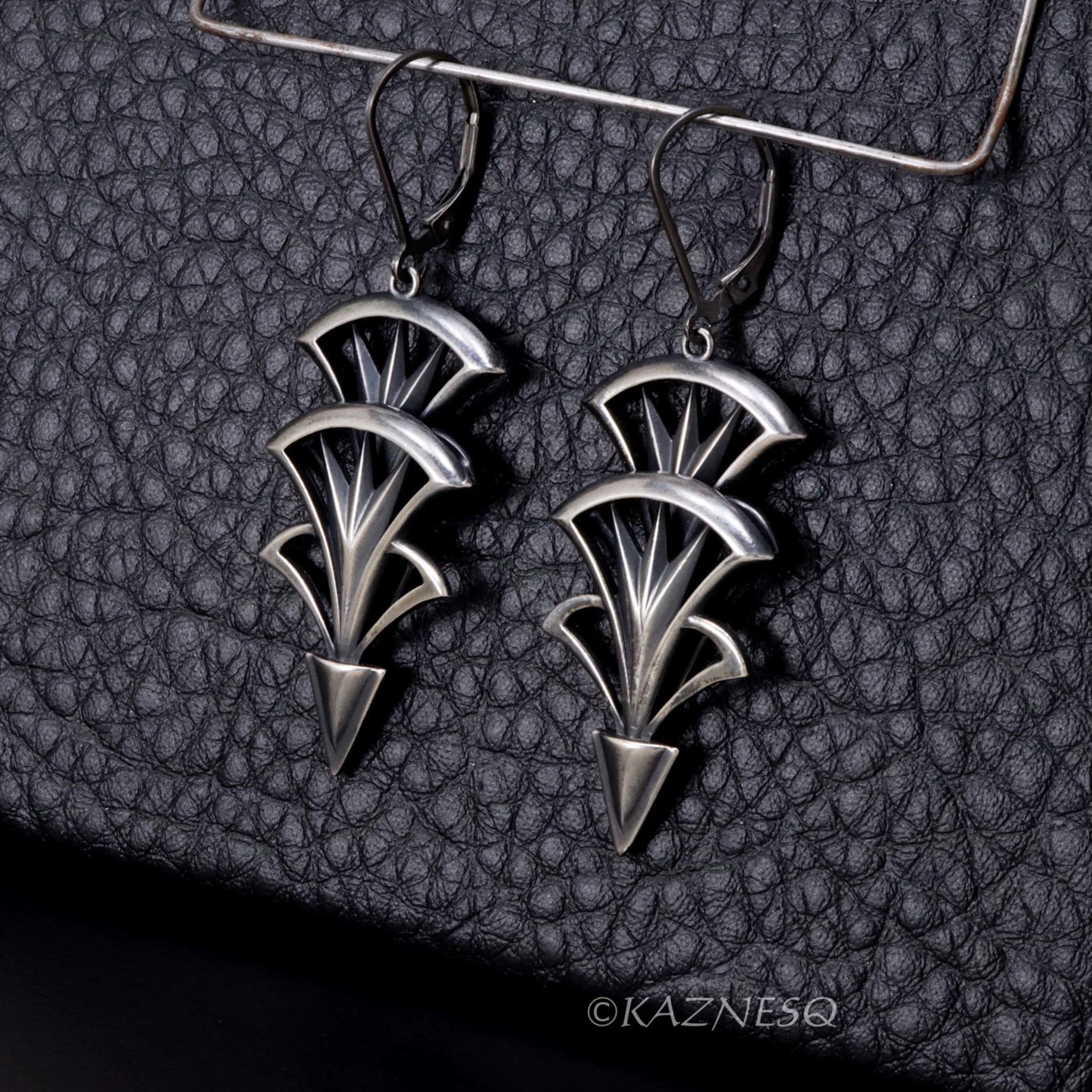 Art Deco style oxidized silver tri-arch earrings