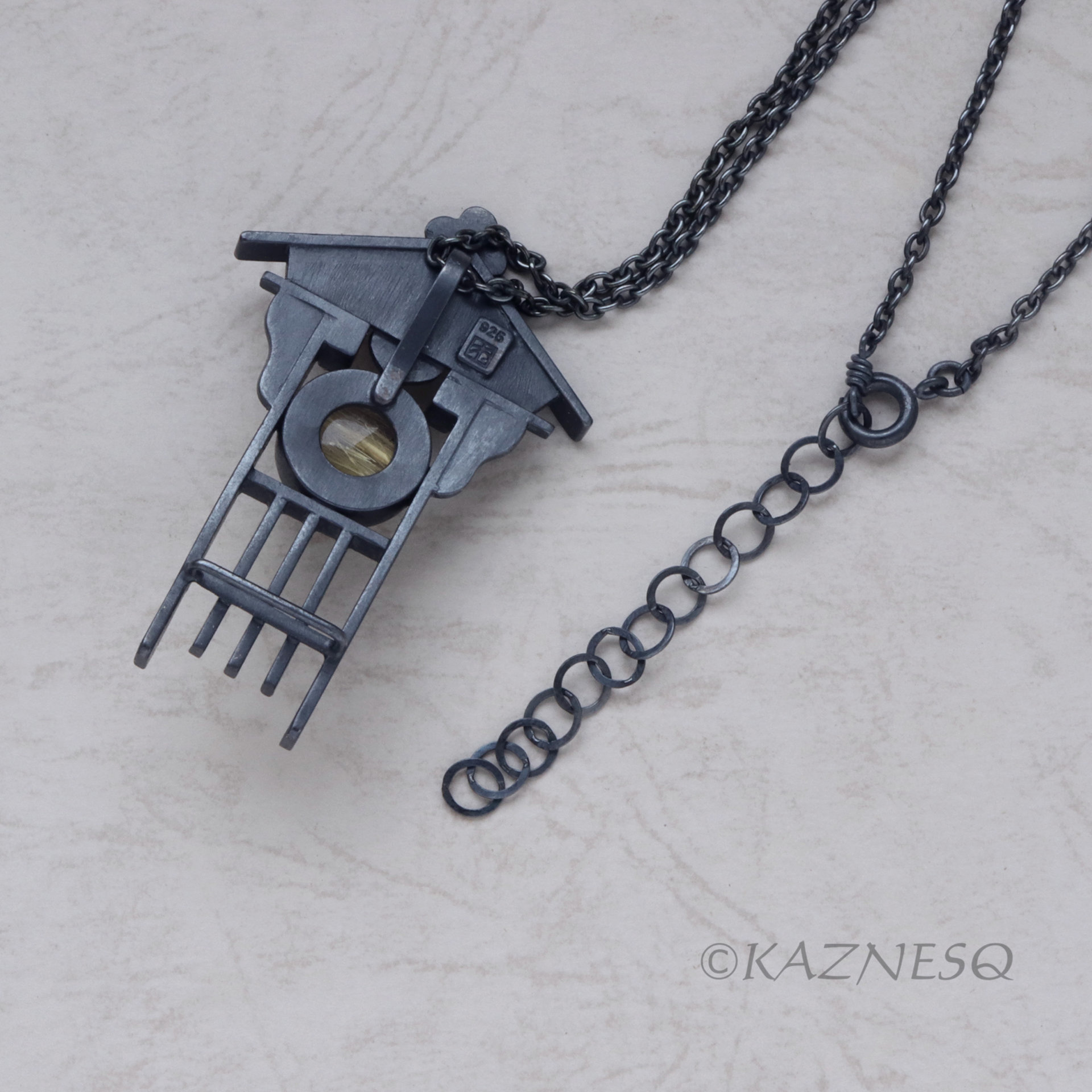 Japanese Traditional facade motif Oxidized Silver Pendant Necklace with Rutilated Quartz