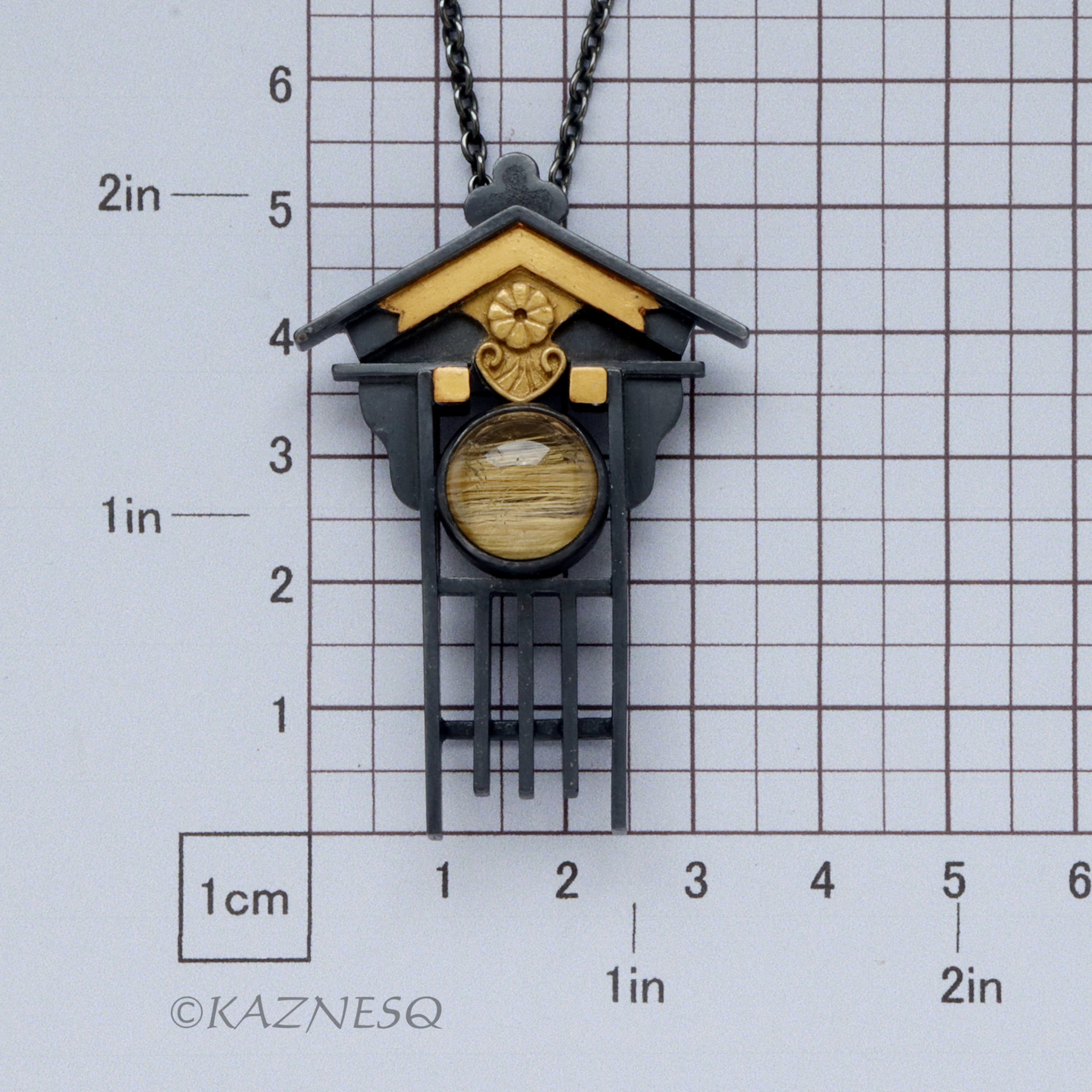 Japanese Traditional facade motif Oxidized Silver Pendant Necklace with Rutilated Quartz