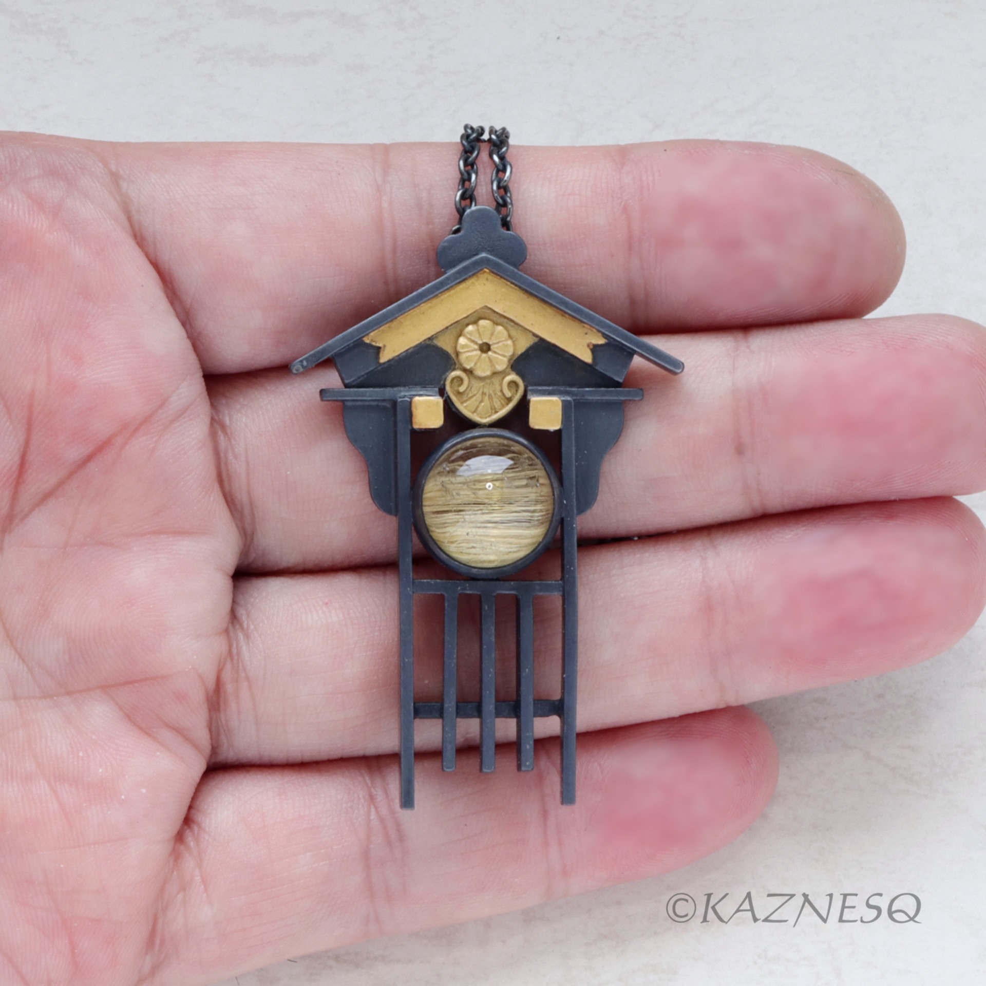 Japanese Traditional facade motif Oxidized Silver Pendant Necklace with Rutilated Quartz
