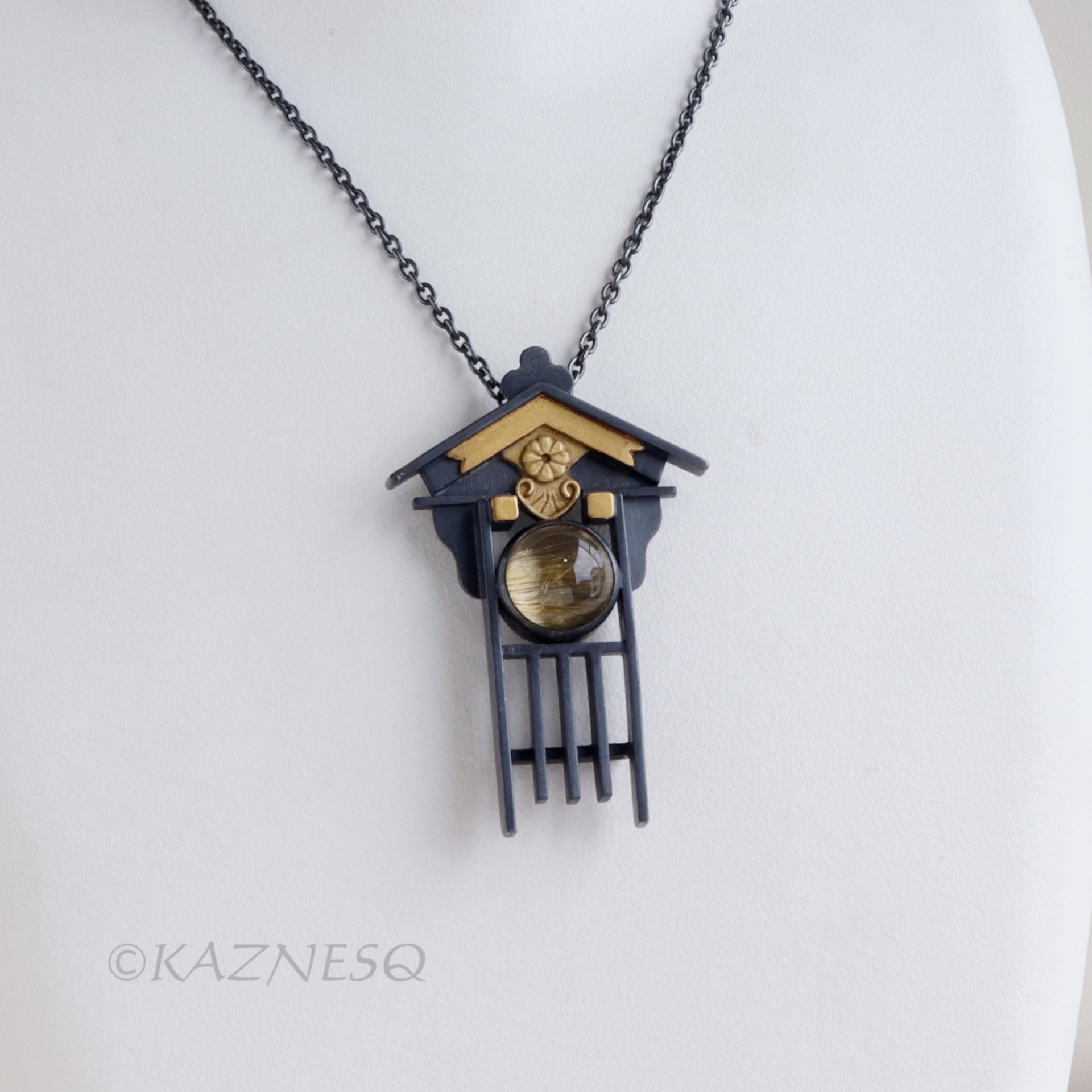 Japanese Traditional facade motif Oxidized Silver Pendant Necklace with Rutilated Quartz
