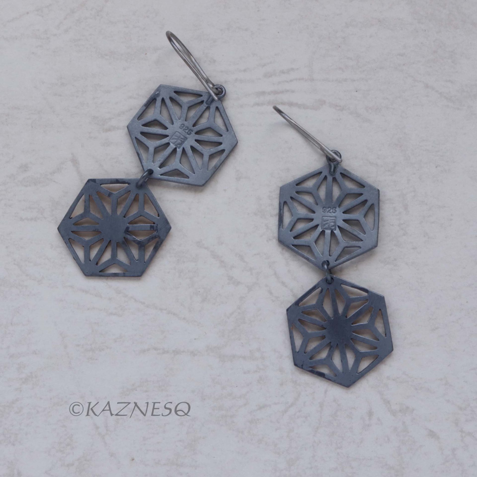 Japanese Traditional Hemp Leaf design oxidized silver and Kuem Boo Earrings