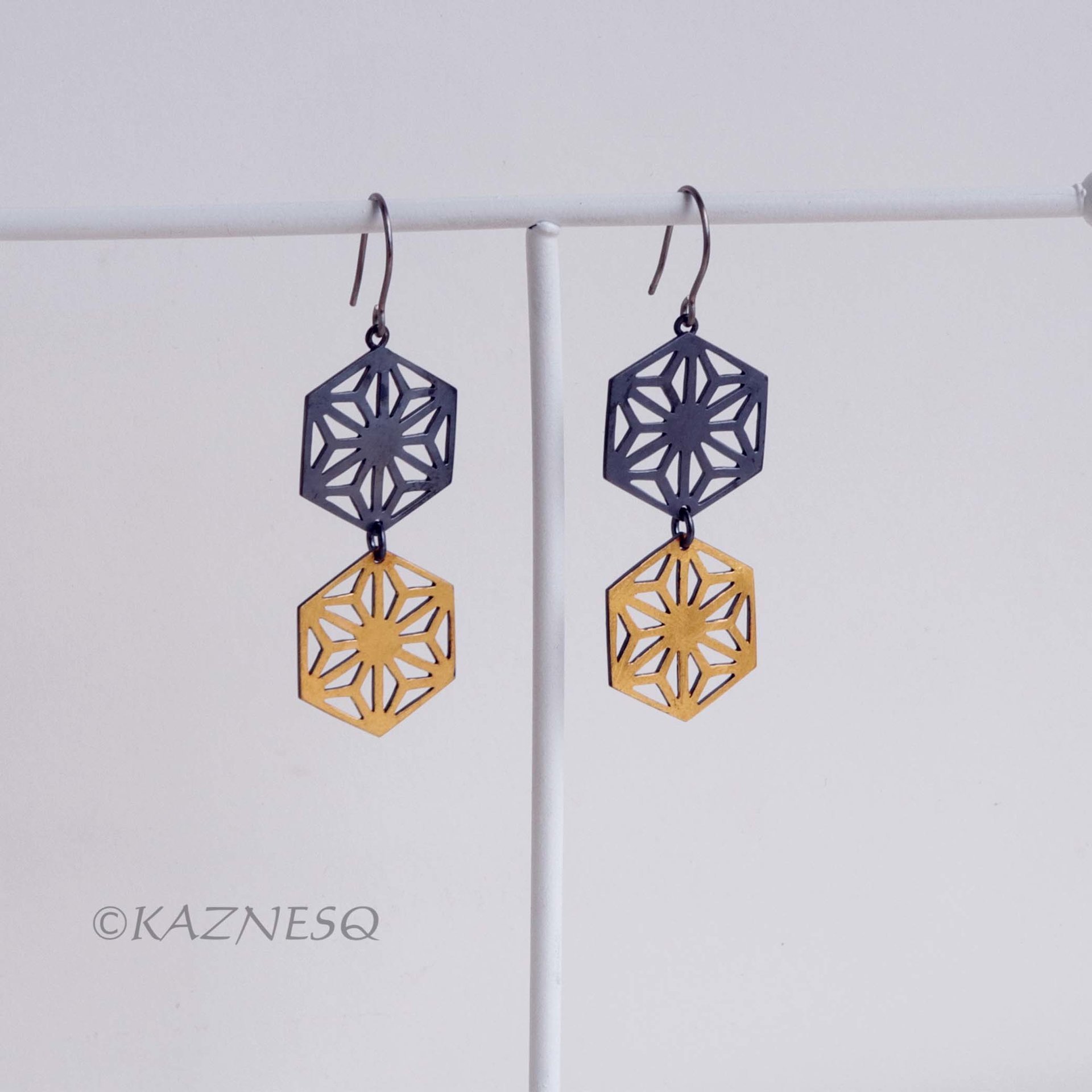 Japanese Traditional Hemp Leaf design oxidized silver and Kuem Boo Earrings