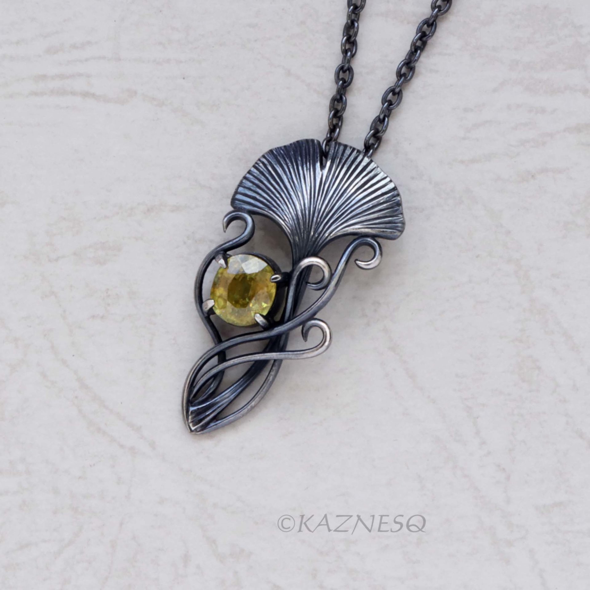 Art Nouveau style Ginkgo motif Oxidized Silver Oval Sphene Pendant Necklace 