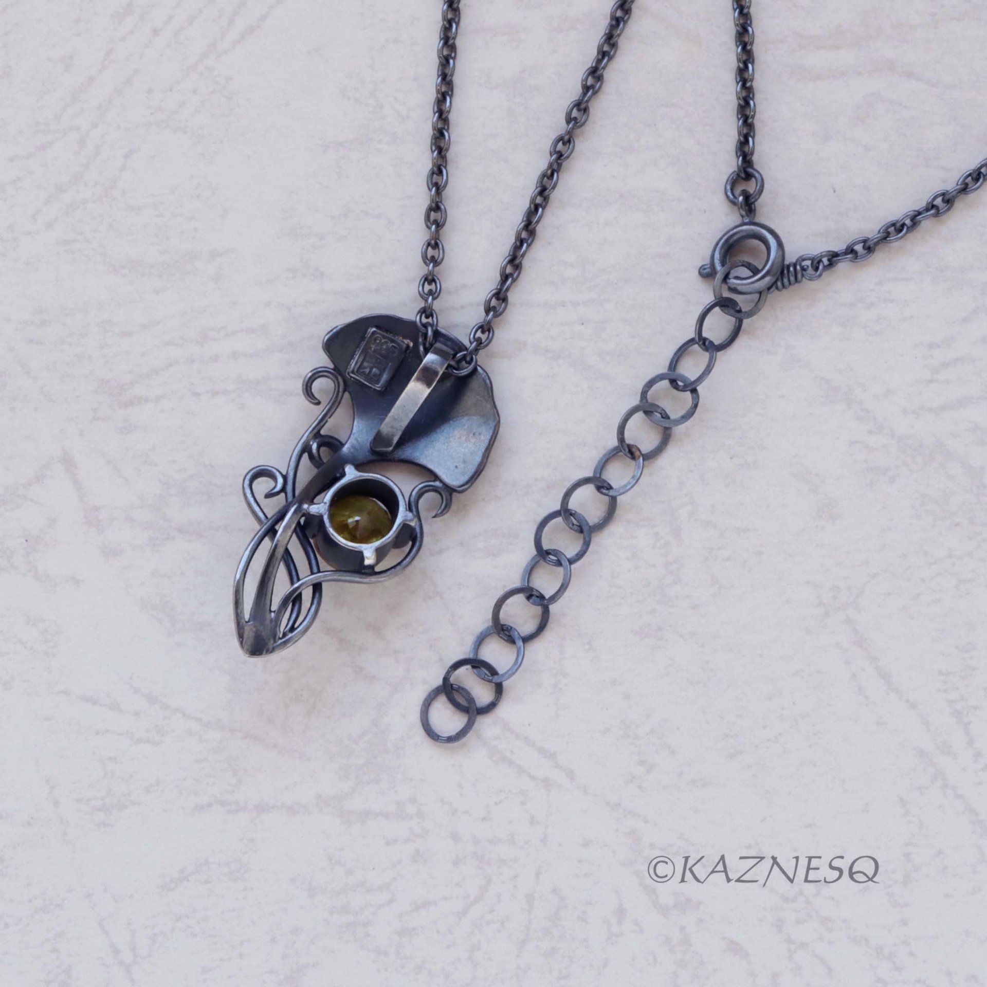 Art Nouveau style Ginkgo motif Oxidized Silver Oval Sphene Pendant Necklace 