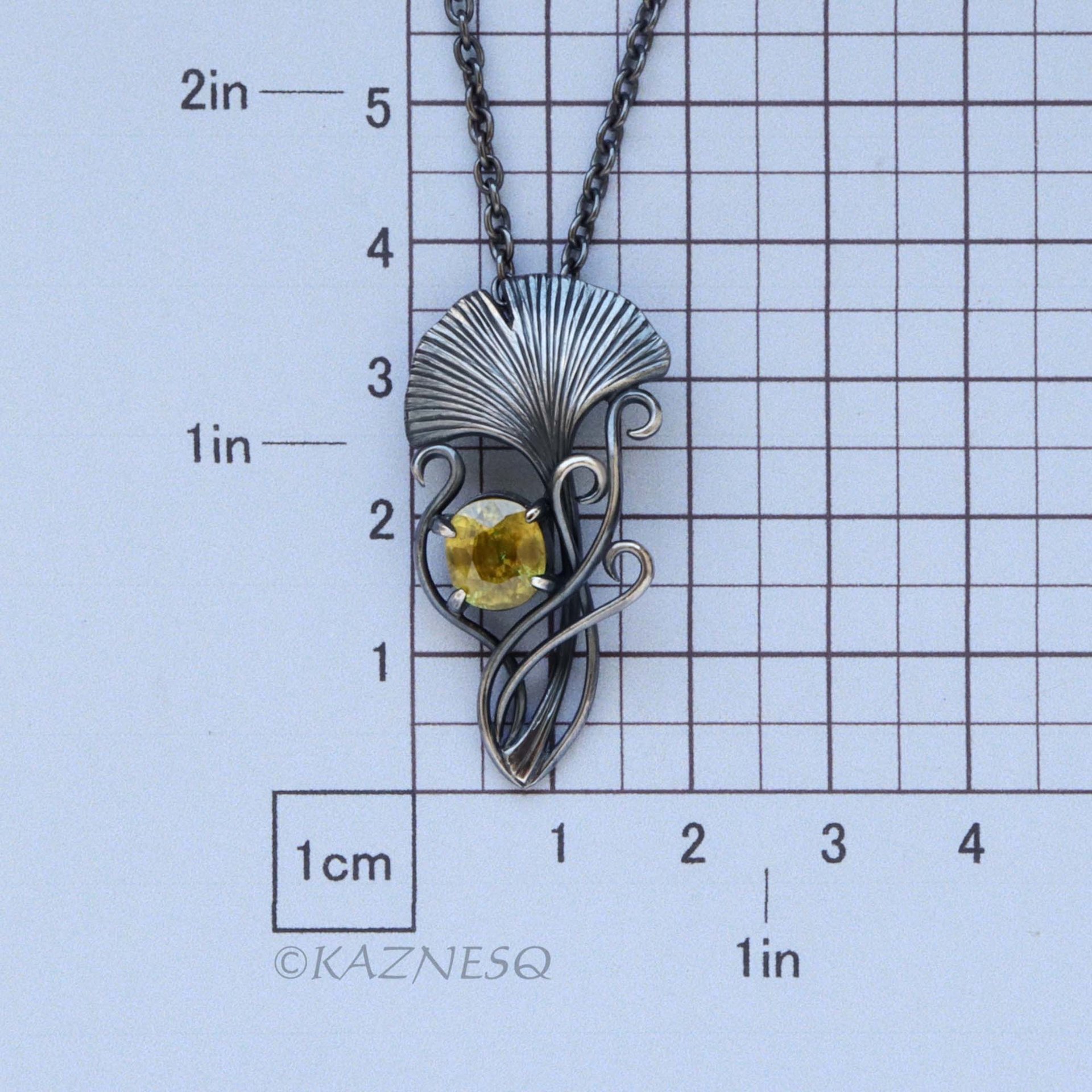 Art Nouveau style Ginkgo motif Oxidized Silver Oval Sphene Pendant Necklace 