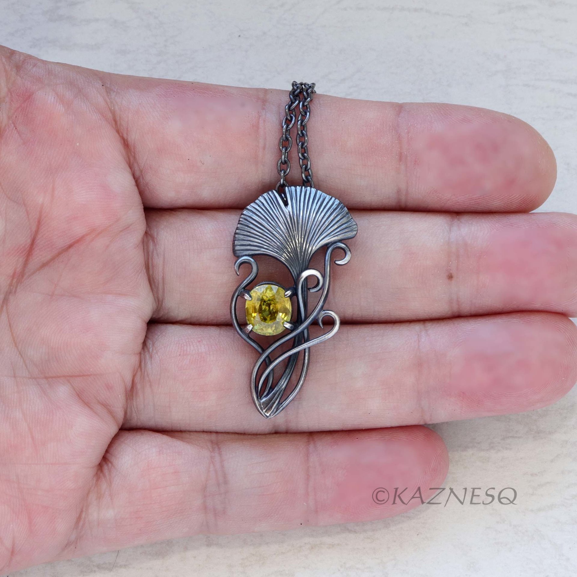 Art Nouveau style Ginkgo motif Oxidized Silver Oval Sphene Pendant Necklace 
