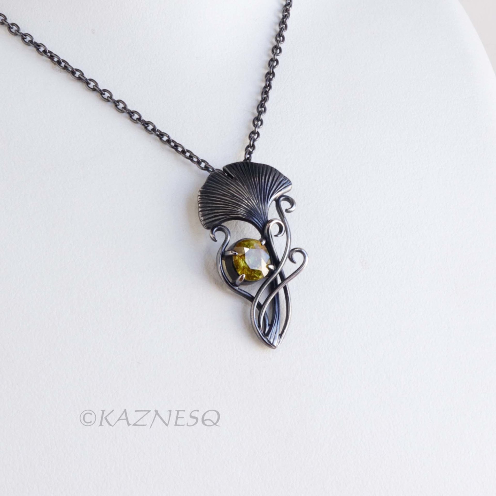 Art Nouveau style Ginkgo motif Oxidized Silver Oval Sphene Pendant Necklace 