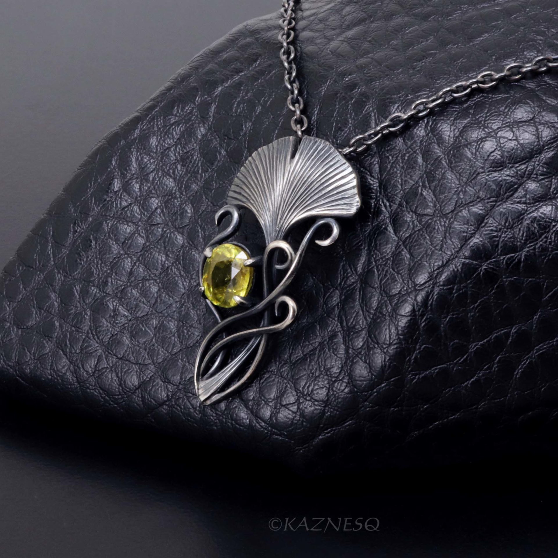 Art Nouveau style Ginkgo motif Oxidized Silver Oval Sphene Pendant Necklace 