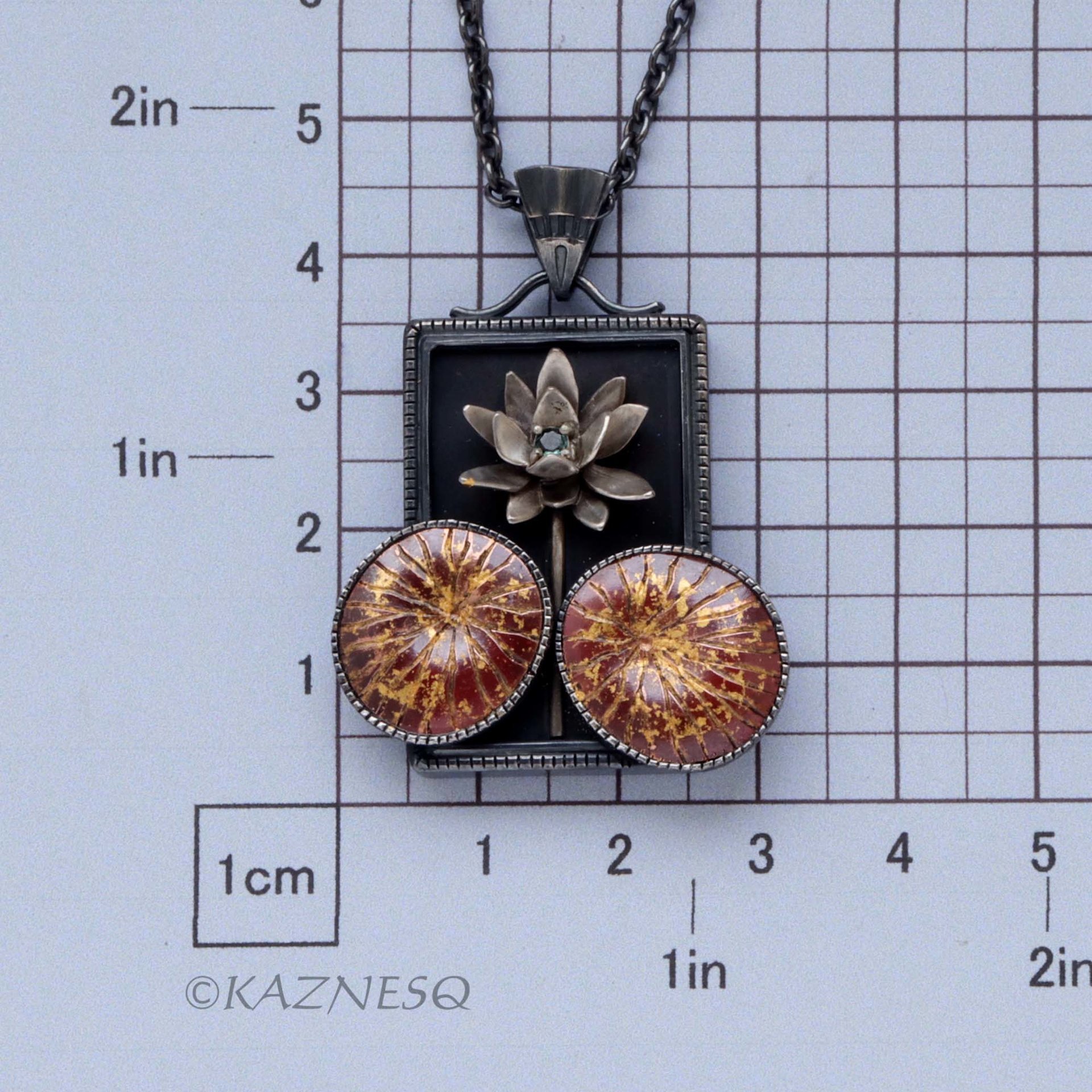Lotus motif Alexandrite copper and silver rectangle pendant necklace