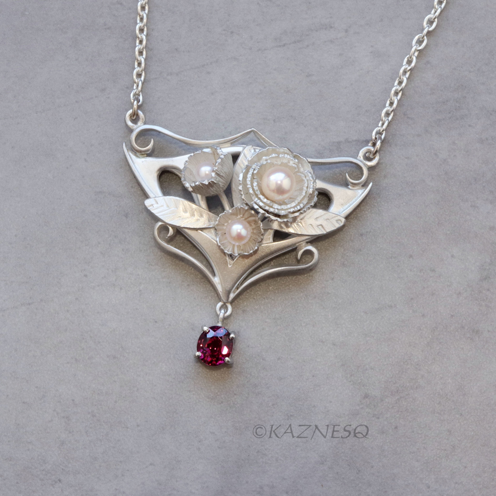Art Nouveau style Matte Silver Floral Pendant Necklace with Rhodolite Garnet and Akoya Pearls