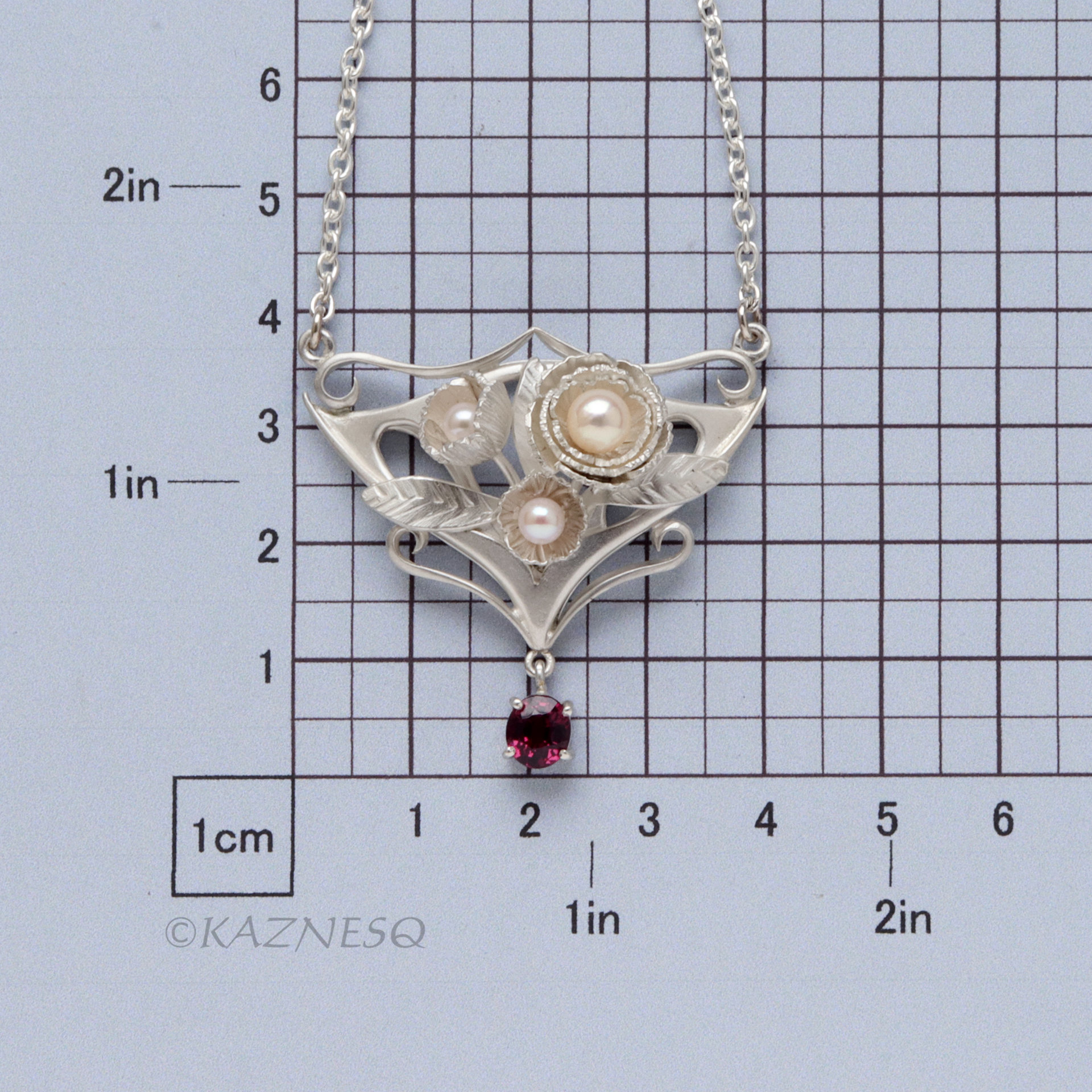 Art Nouveau style Matte Silver Floral Pendant Necklace with Rhodolite Garnet and Akoya Pearls