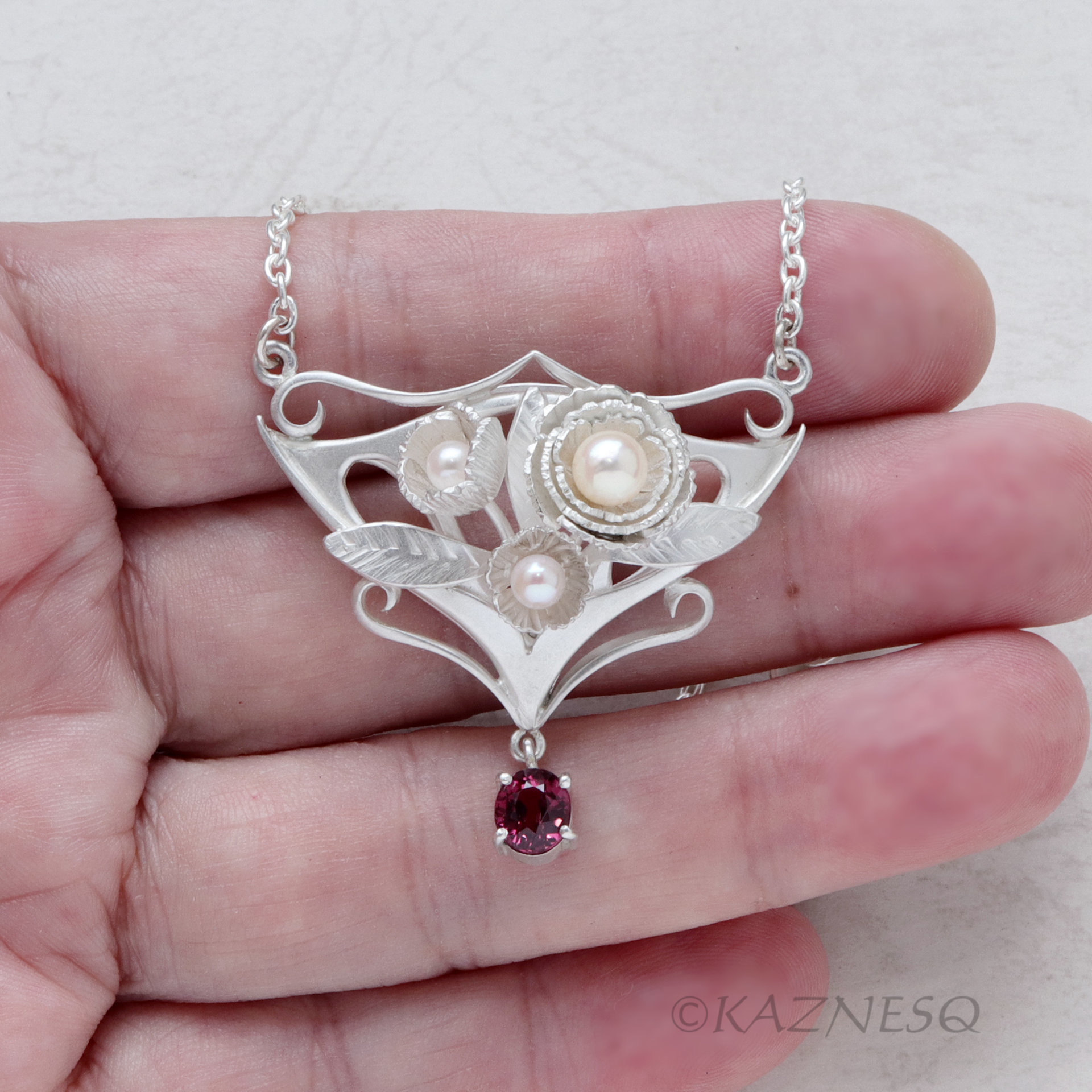 Art Nouveau style Matte Silver Floral Pendant Necklace with Rhodolite Garnet and Akoya Pearls