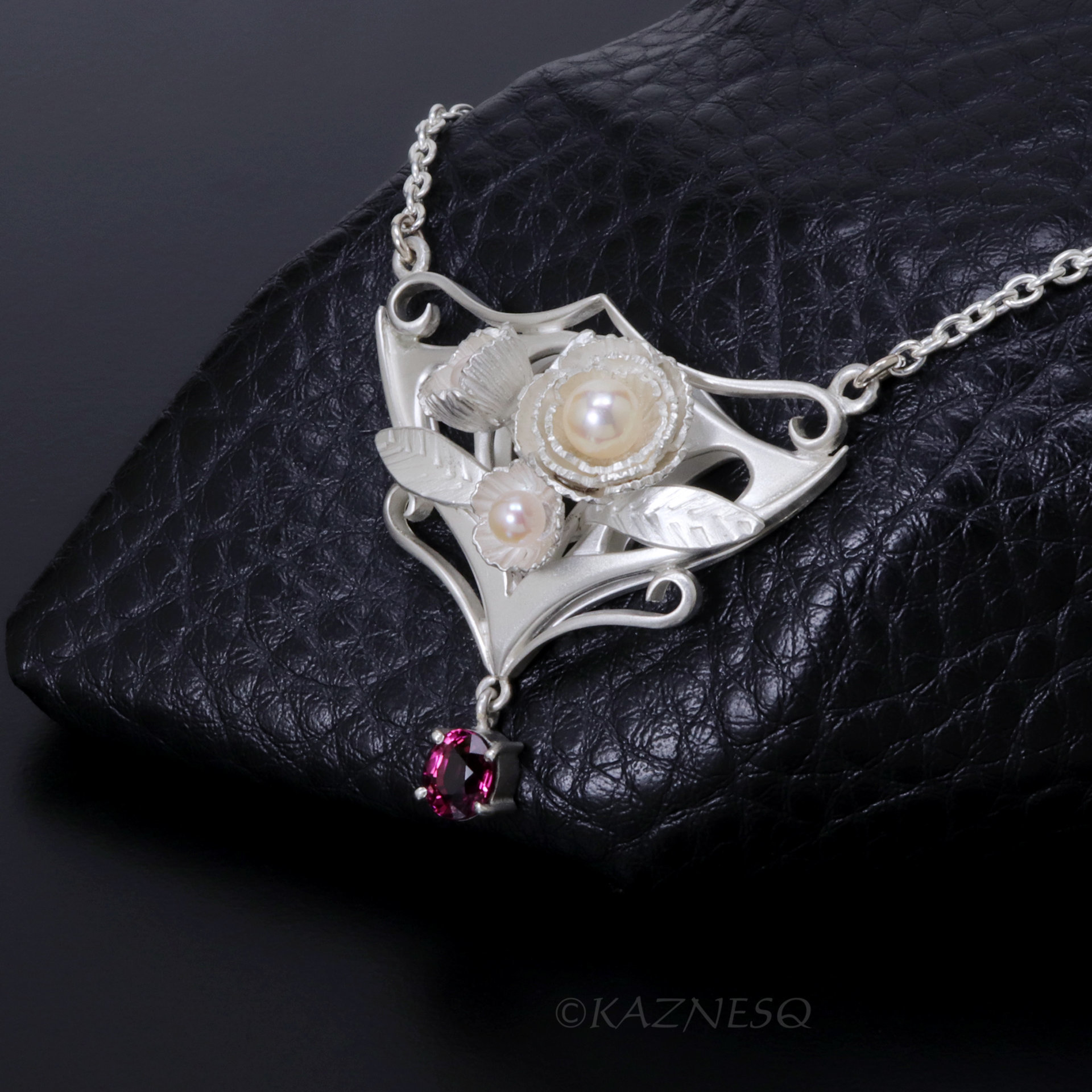 Art Nouveau style Matte Silver Floral Pendant Necklace with Rhodolite Garnet and Akoya Pearls