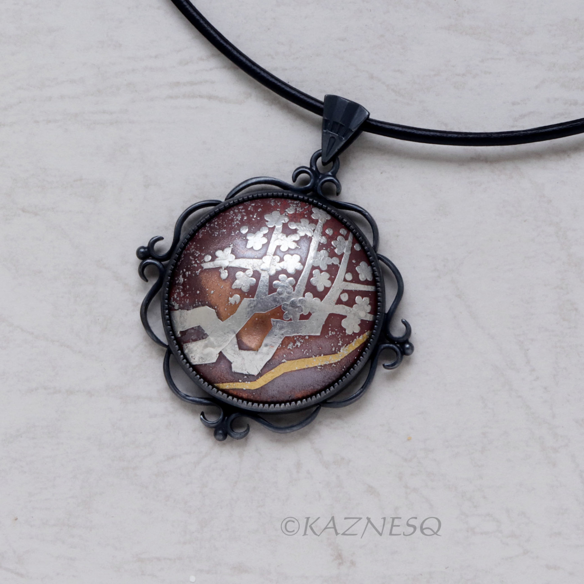 Plum Blossoms Keum Boo on Copper Cab Oxidized silver pendant