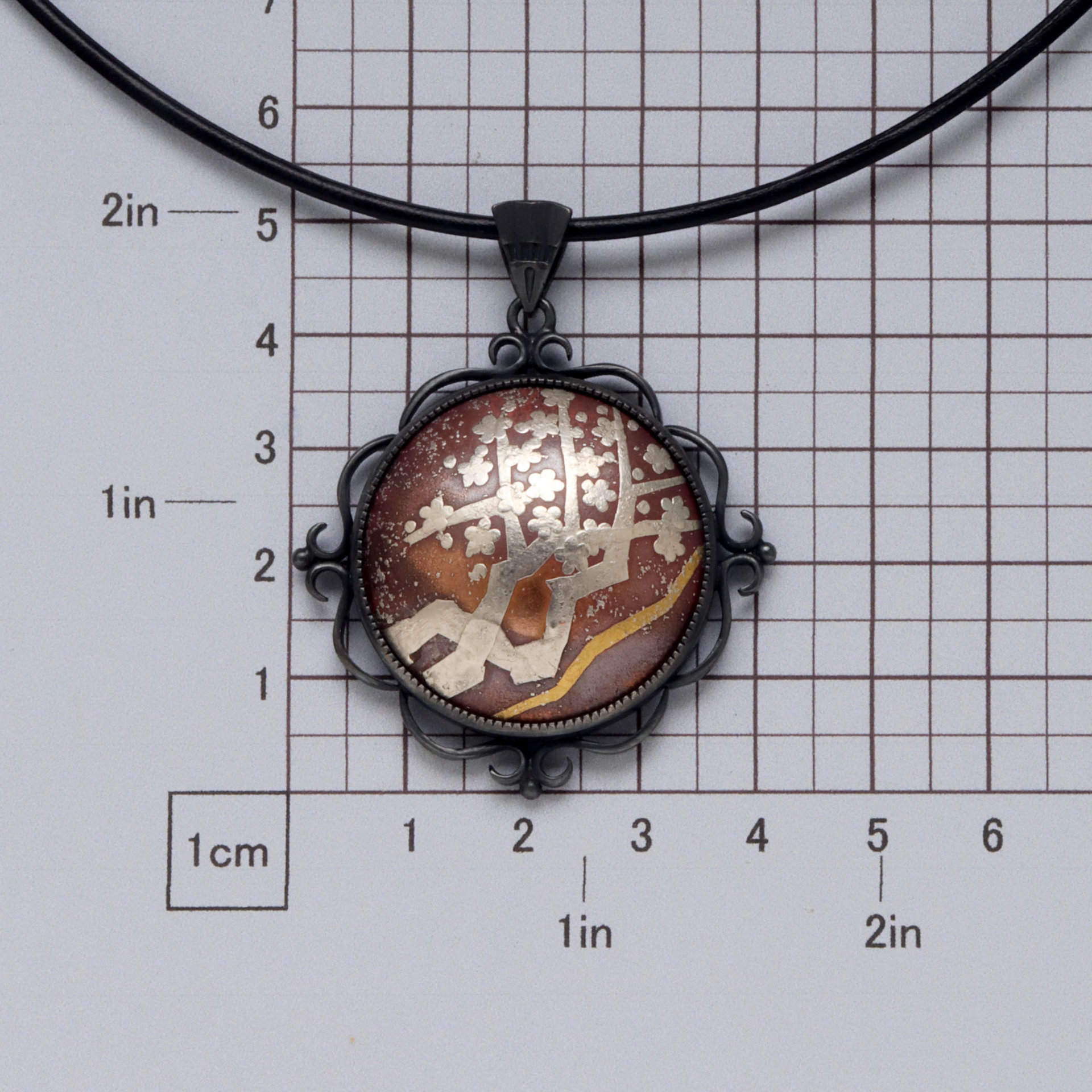 Plum Blossoms Keum Boo on Copper Cab Oxidized silver pendant