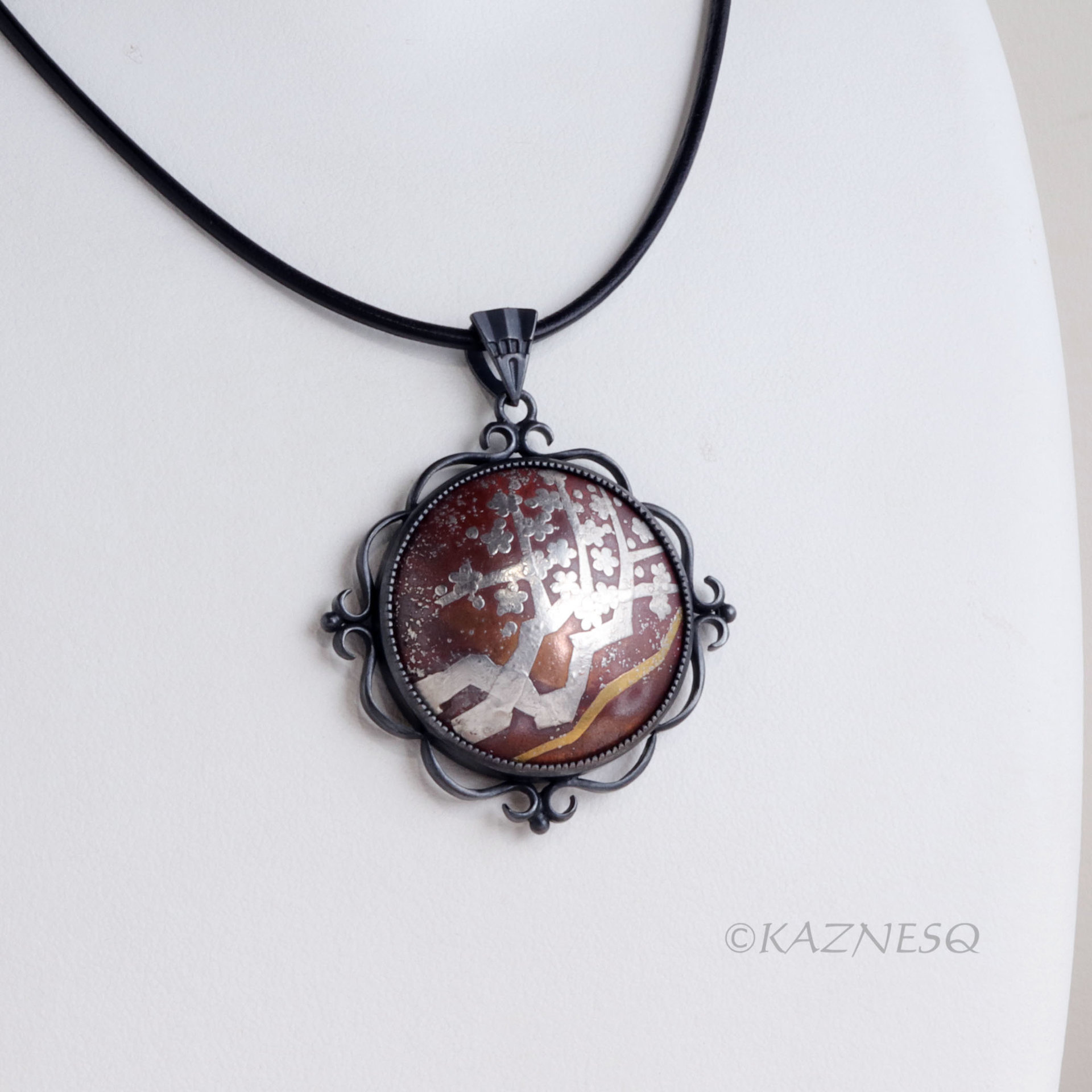Plum Blossoms Keum Boo on Copper Cab Oxidized silver pendant