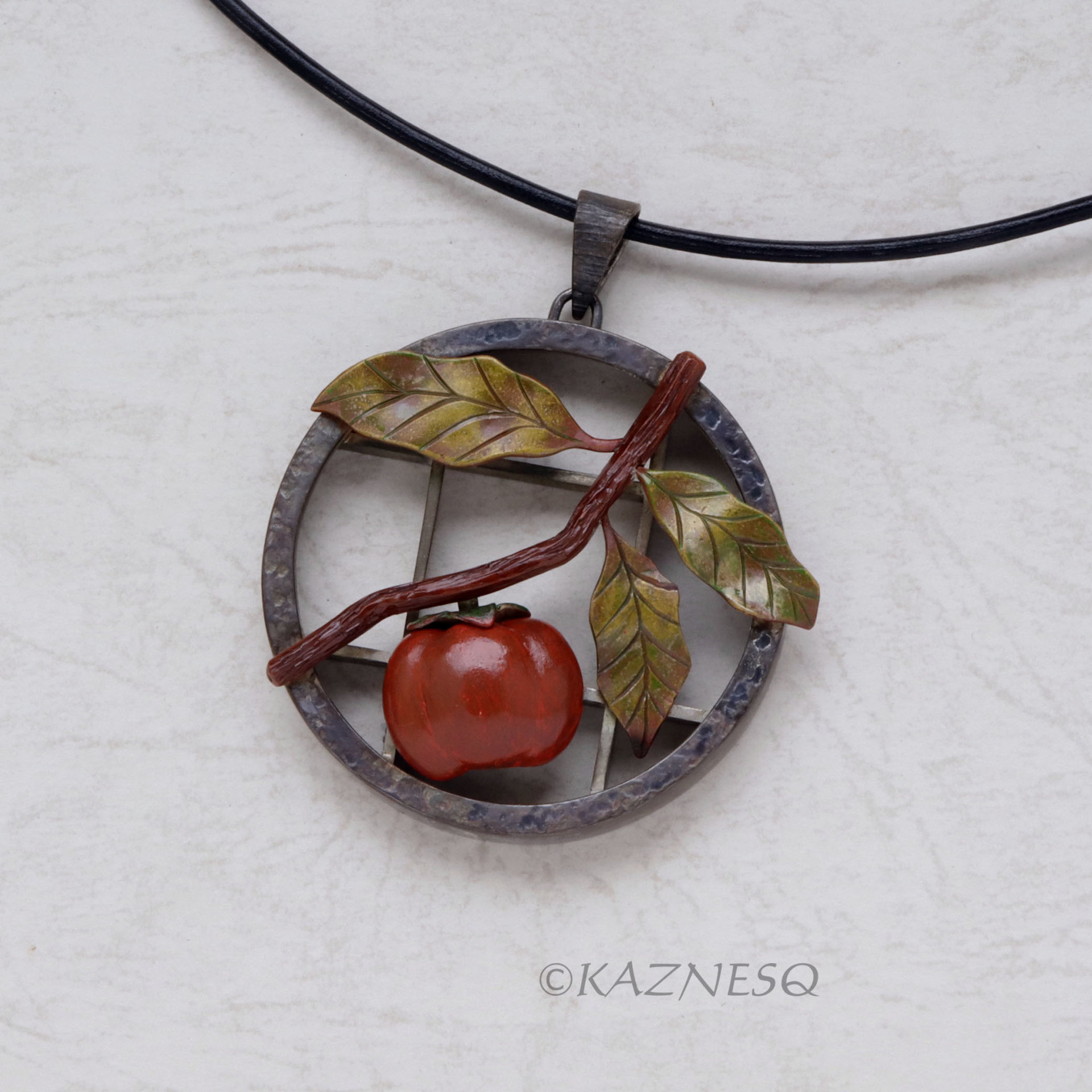 Persimmon Fruit Shibuichi Brass Copper Iroage Japanese patina Pendant Necklace