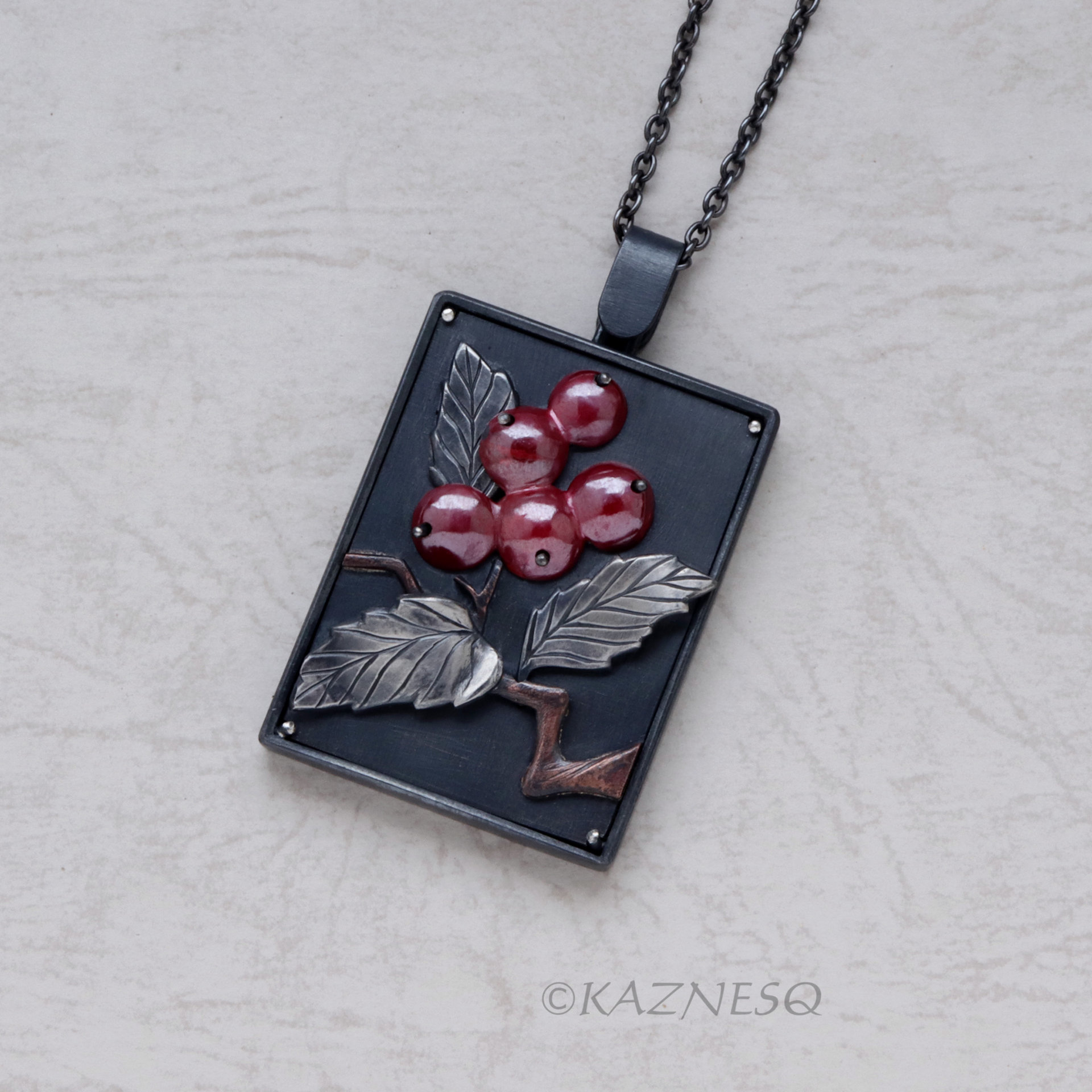 Red Berries and leaves Japanese Patina Oxidized Silver Rectangle Pendant Necklace 