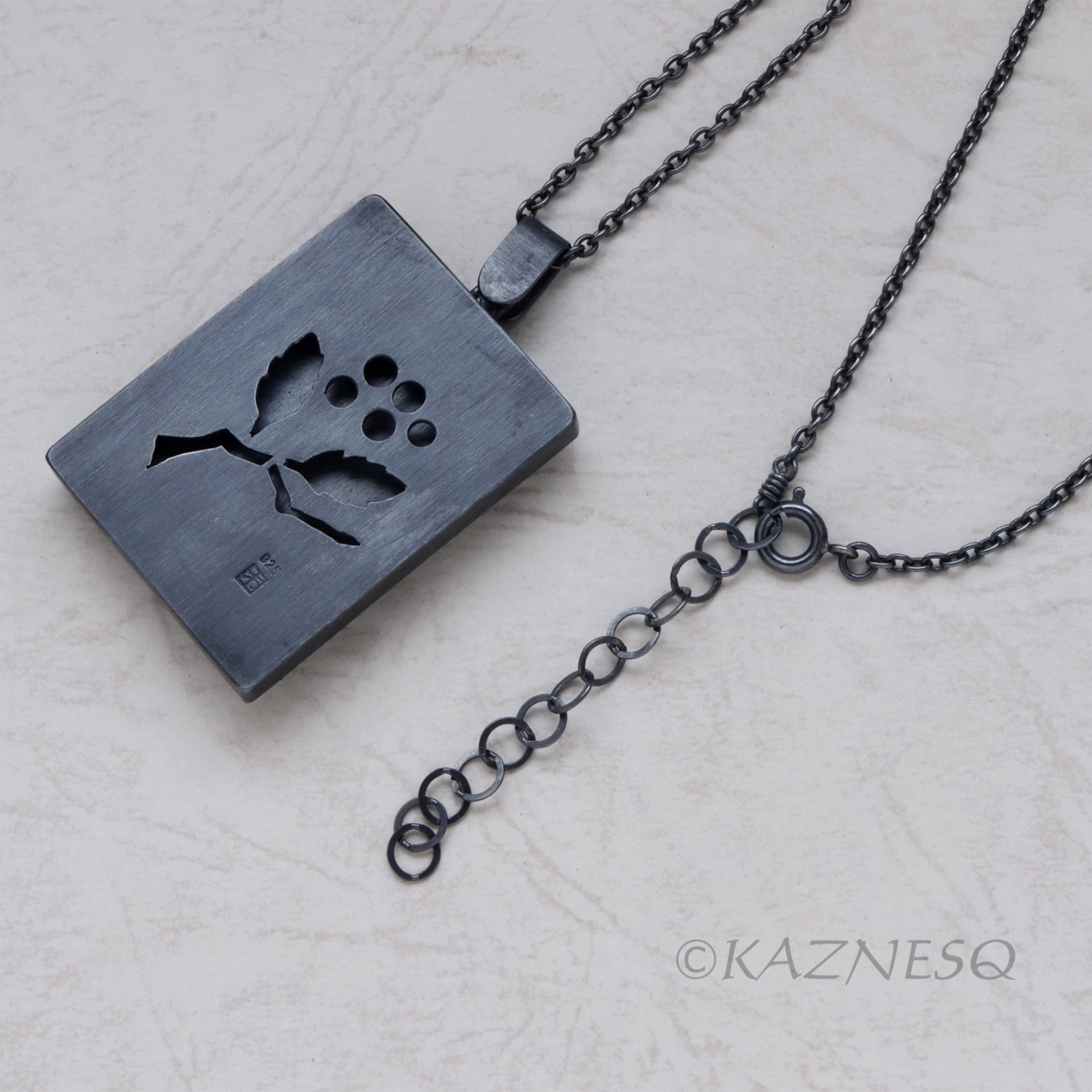 Red Berries and leaves Japanese Patina Oxidized Silver Rectangle Pendant Necklace 