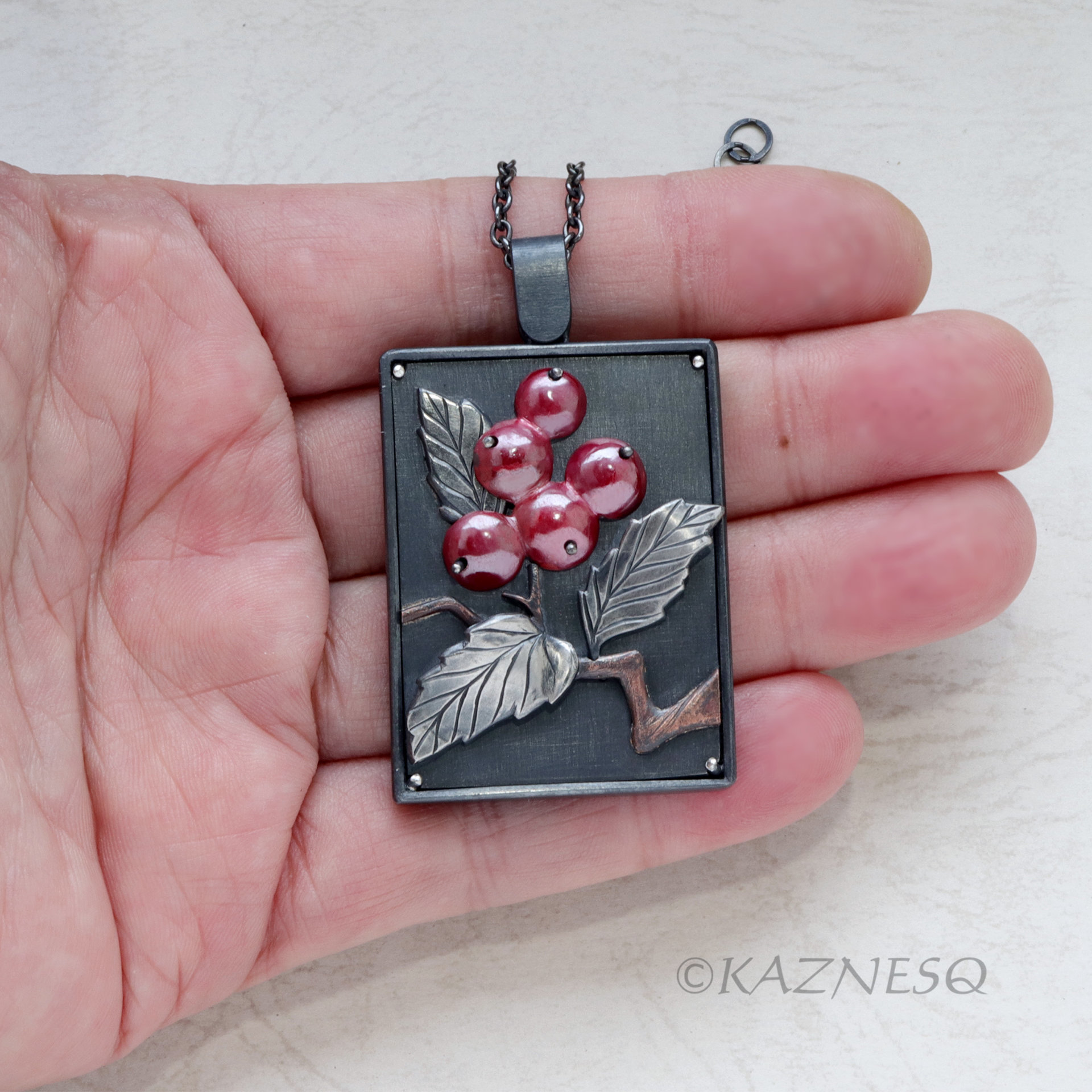 Red Berries and leaves Japanese Patina Oxidized Silver Rectangle Pendant Necklace 