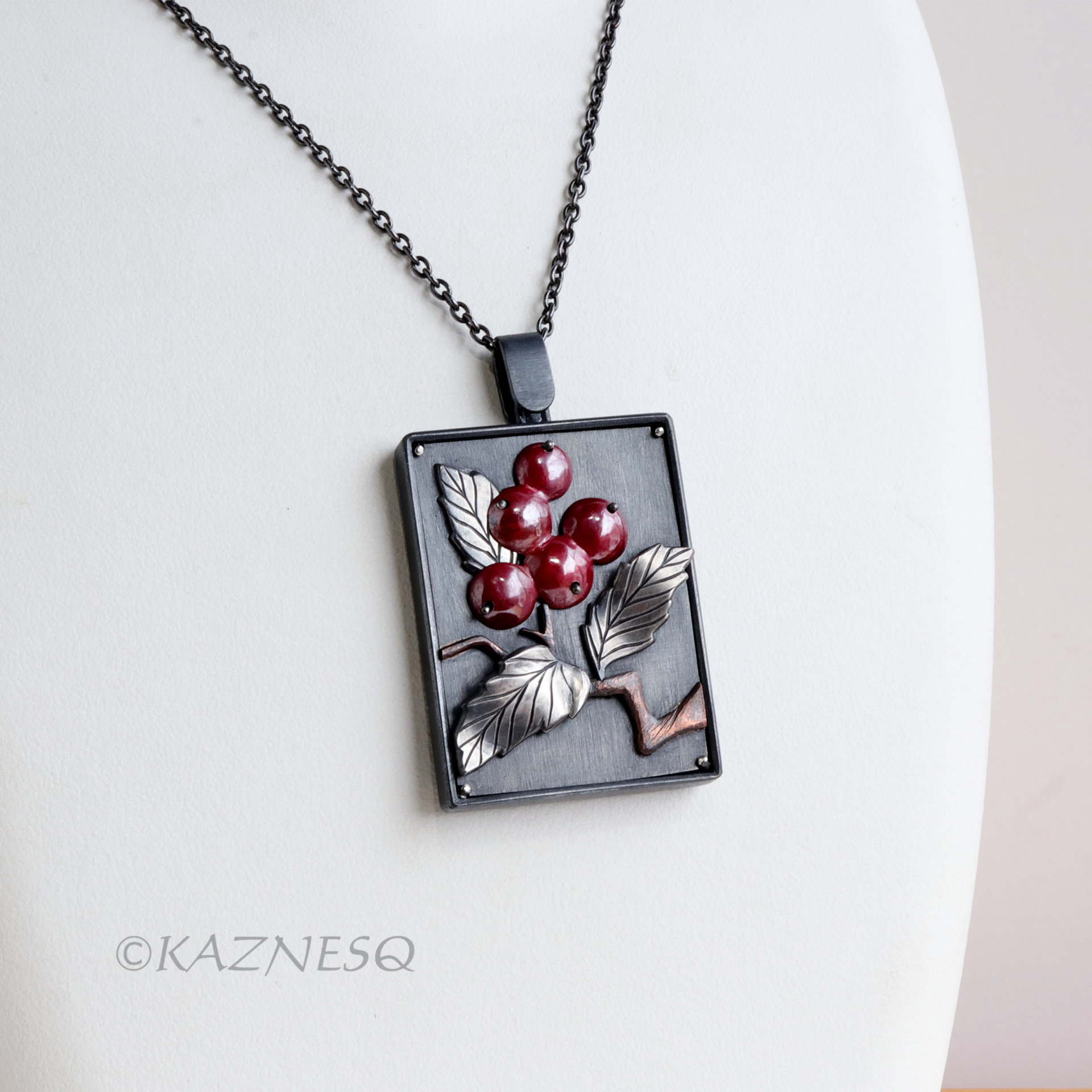 Red Berries and leaves Japanese Patina Oxidized Silver Rectangle Pendant Necklace 