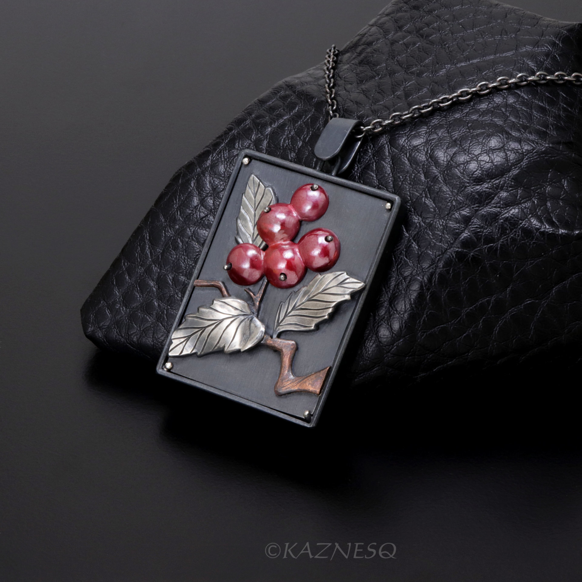 Red Berries and leaves Japanese Patina Oxidized Silver Rectangle Pendant Necklace 