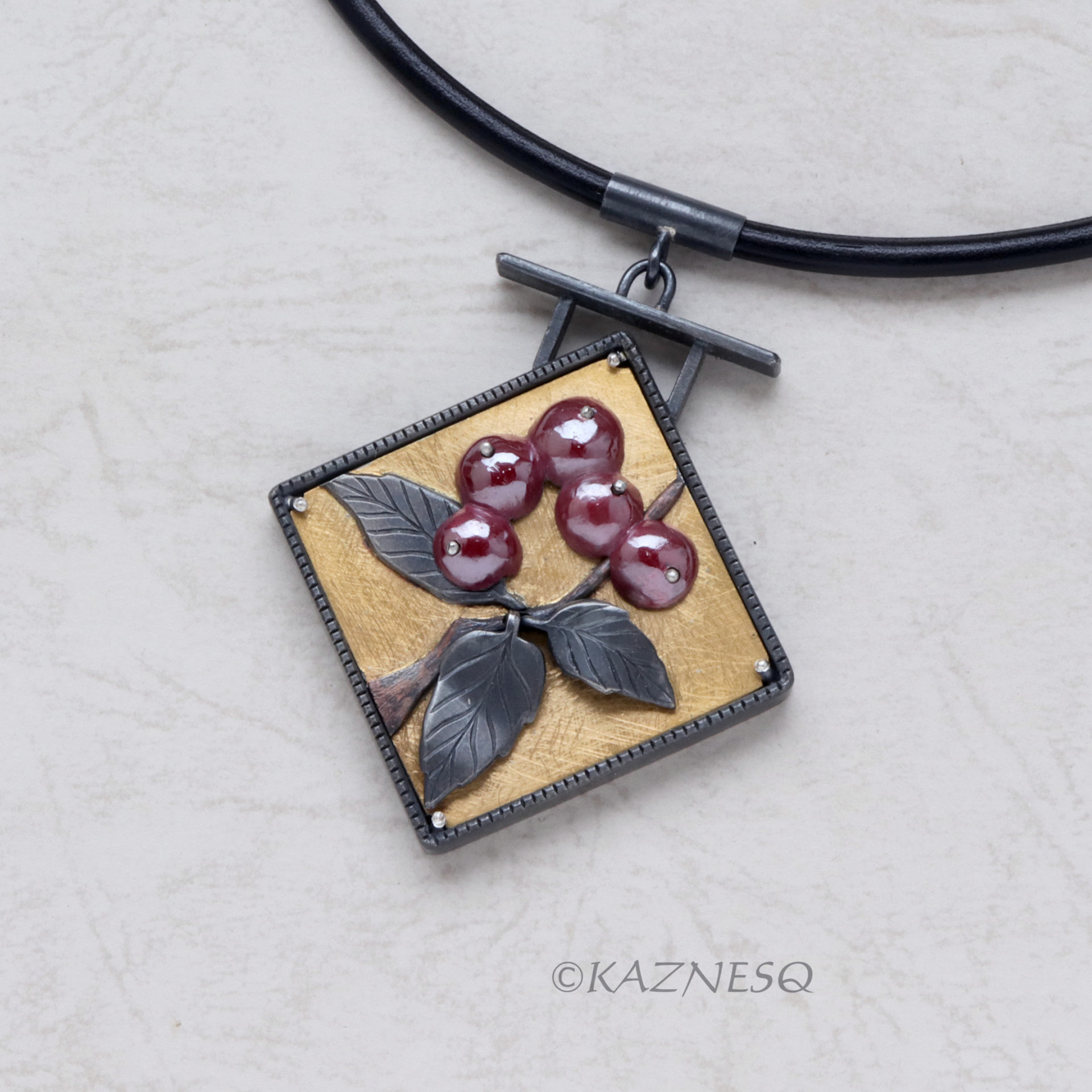 Red Berries and leaves Oxidized Silver Pendant Necklace with Gold Keum Boo