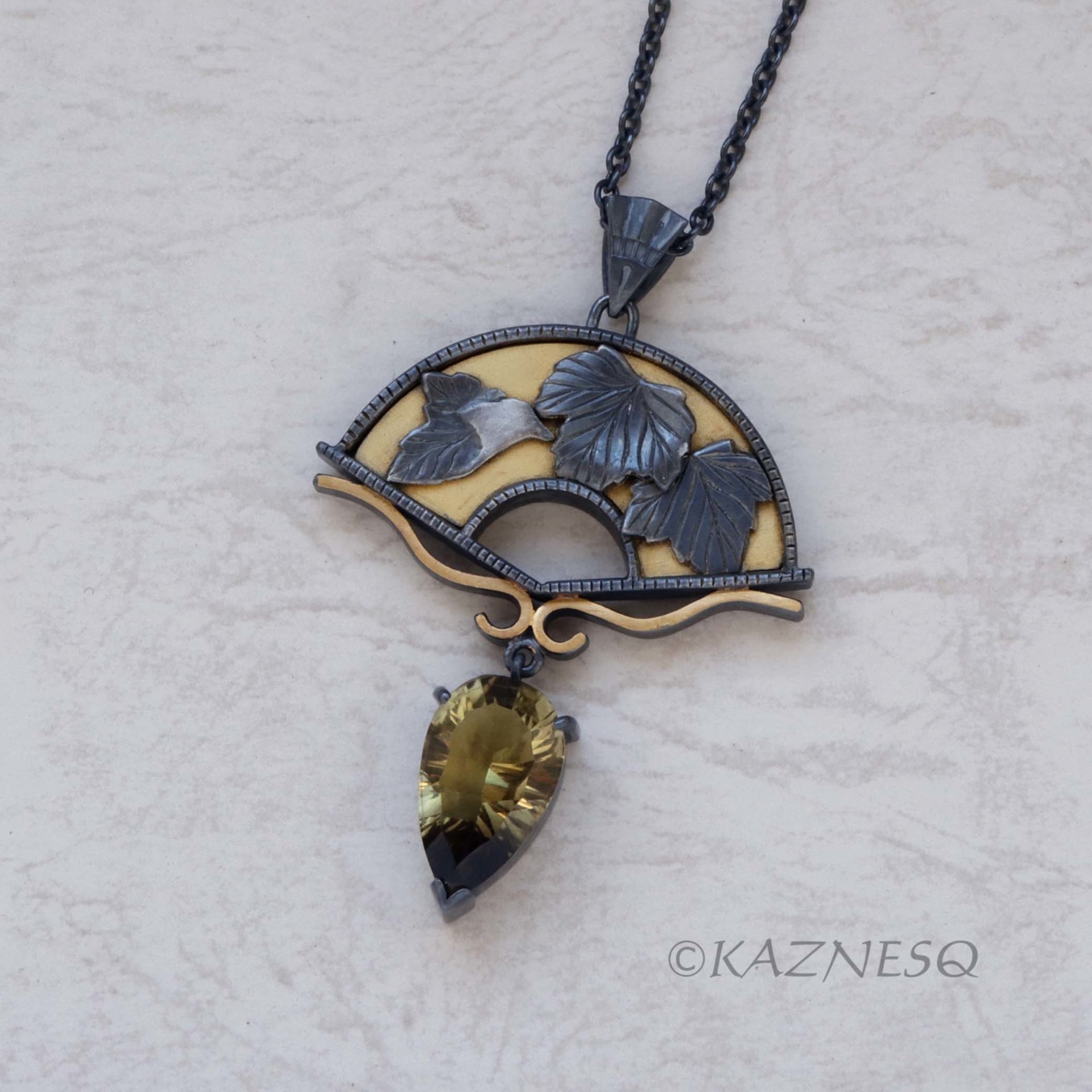 Leaf motif Fan shape Oxidized Silver Black and Gold Pendant Necklace featuring a Smoky Citrine