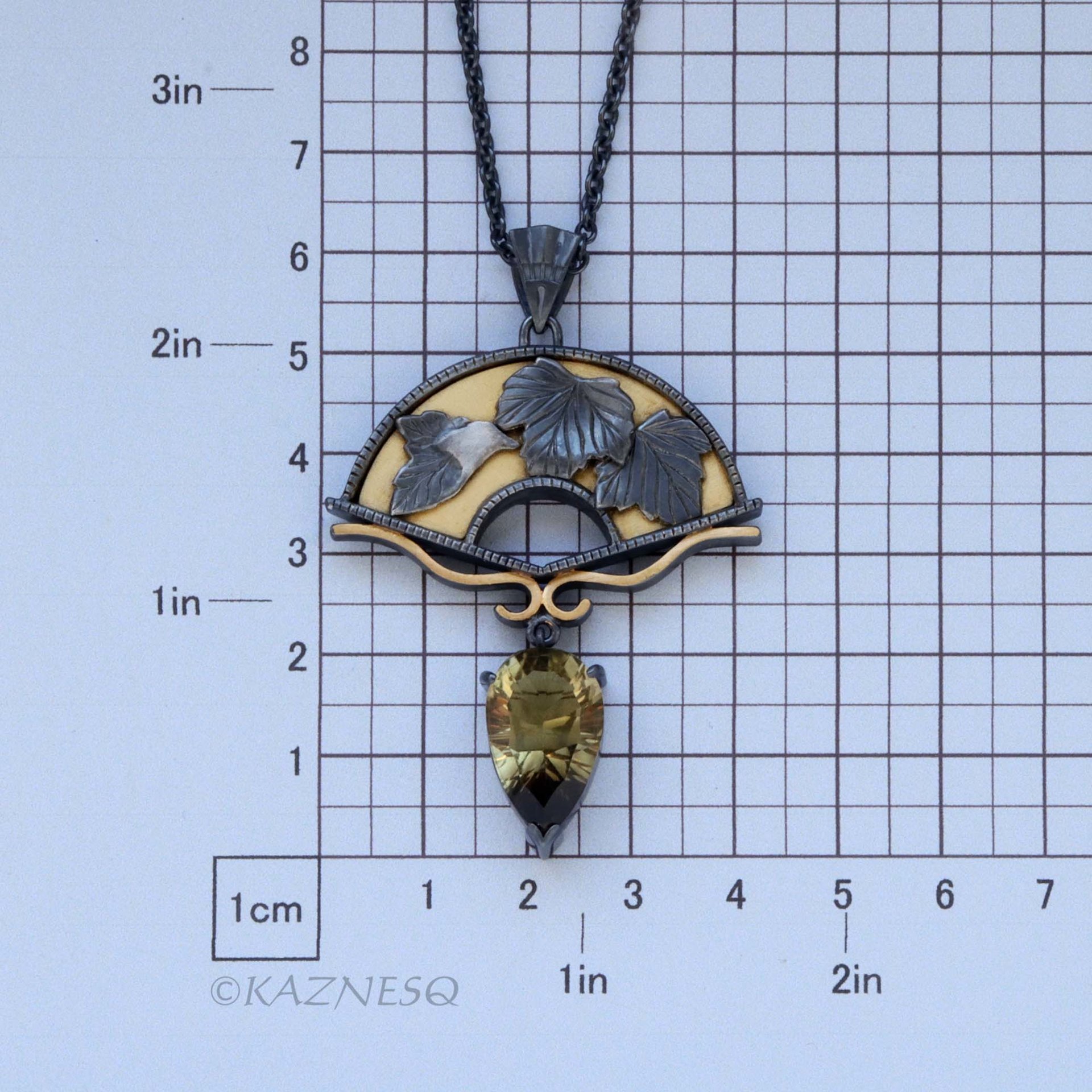 Leaf motif Fan shape Oxidized Silver Black and Gold Pendant Necklace featuring a Smoky Citrine