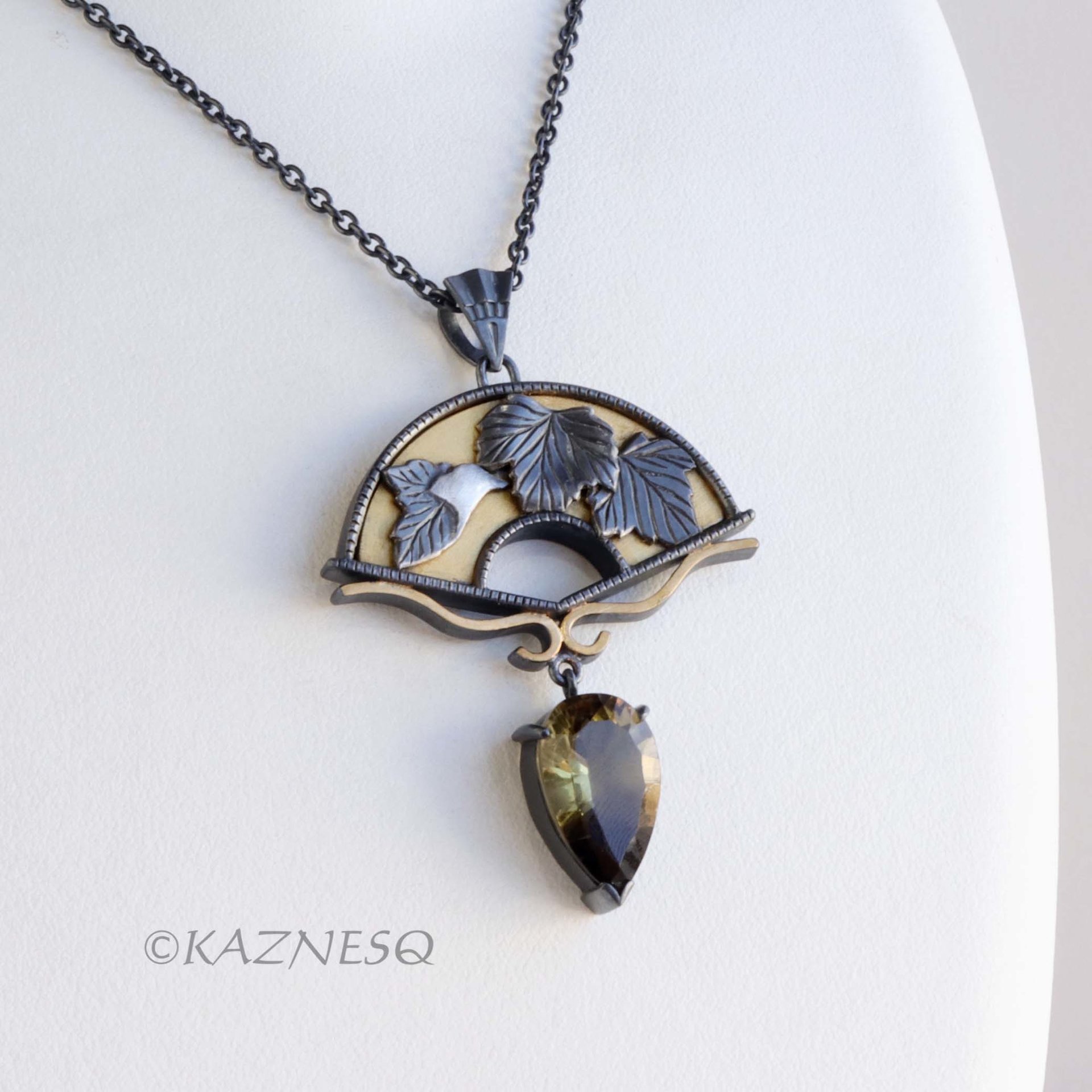 Leaf motif Fan shape Oxidized Silver Black and Gold Pendant Necklace featuring a Smoky Citrine