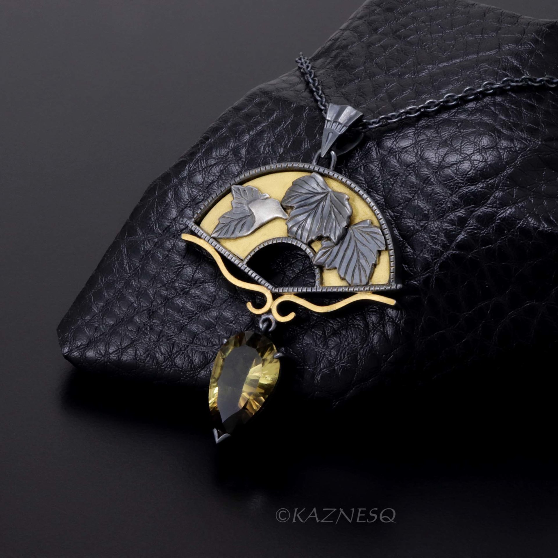 Leaf motif Fan shape Oxidized Silver Black and Gold Pendant Necklace featuring a Smoky Citrine