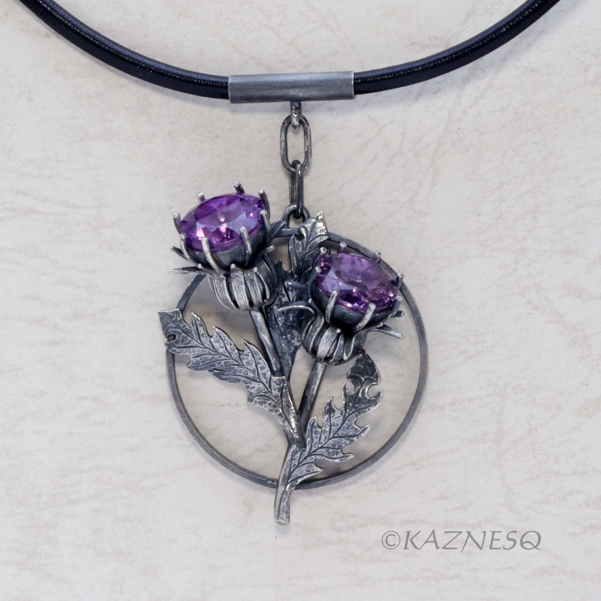 Flowers Speak! Oxidized Silver and Amethyst Pendant with Thistle Motif