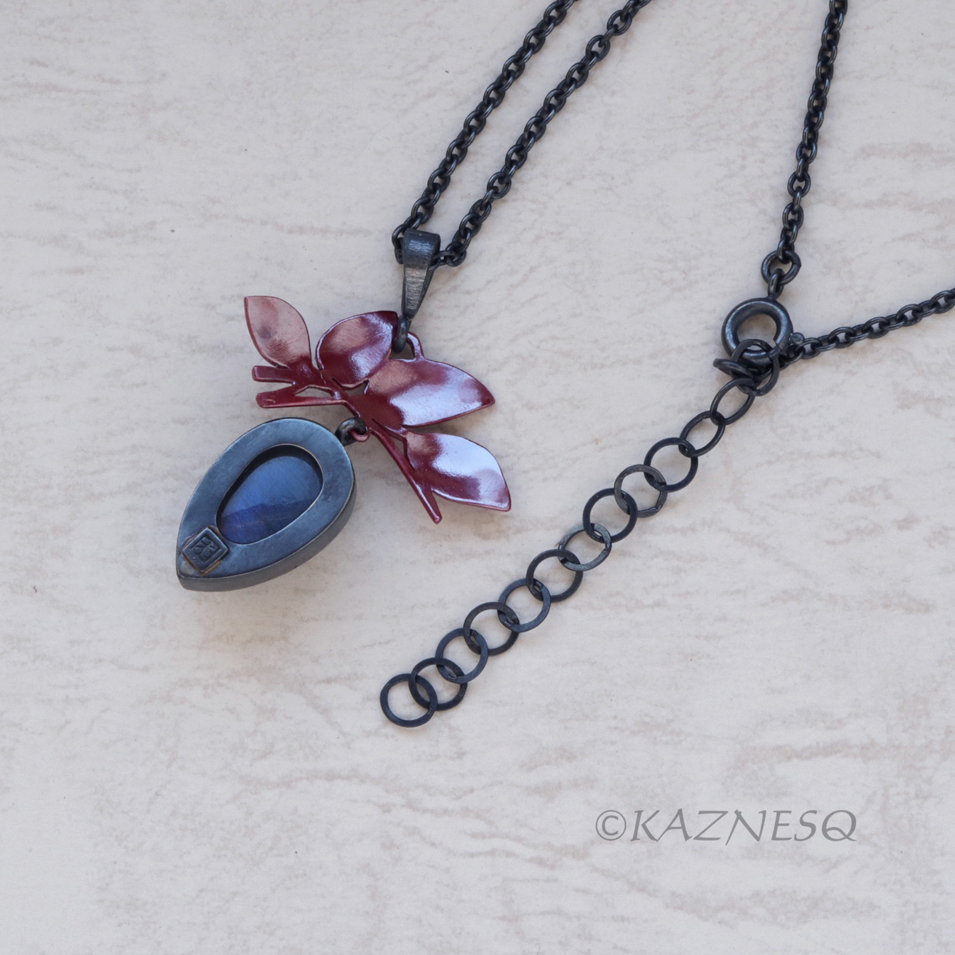 Leaf motif Red Patinated Copper and Blue Labradorite Oxidized Silver Pendant Necklace