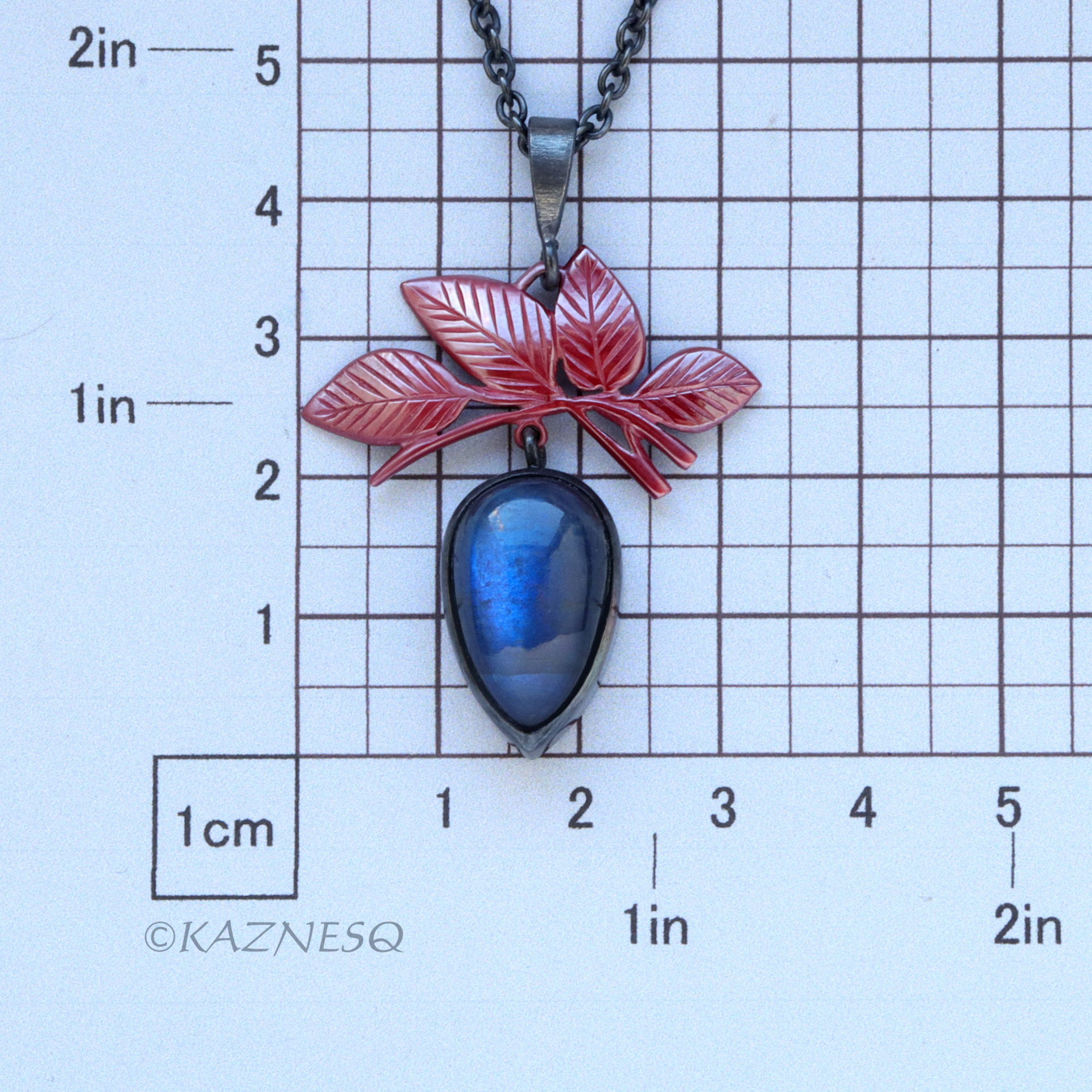 Leaf motif Red Patinated Copper and Blue Labradorite Oxidized Silver Pendant Necklace