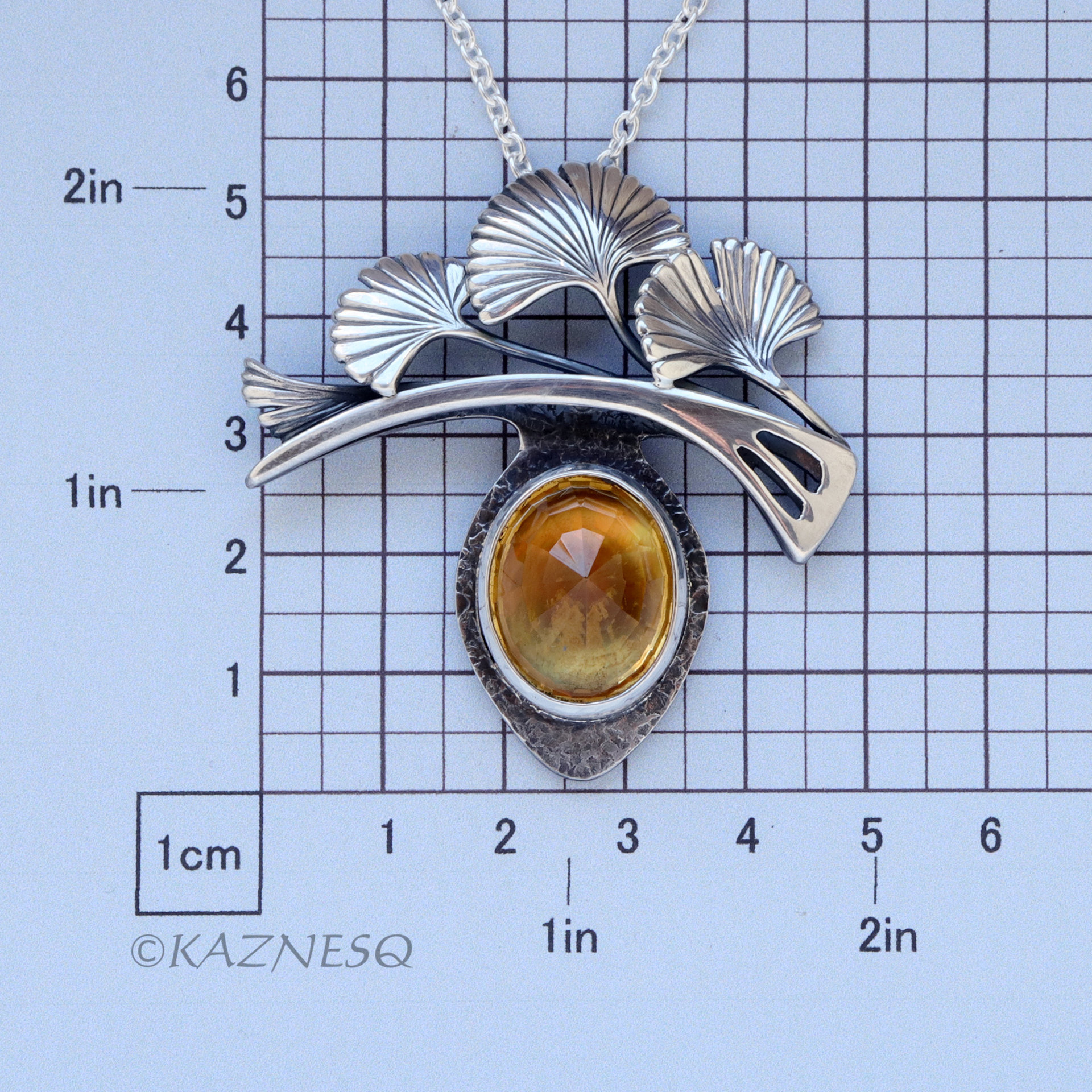 Hail Ginkgo! Silver Necklace with Ginkgo Leaf Motif, Citrine and Mother of Pearl