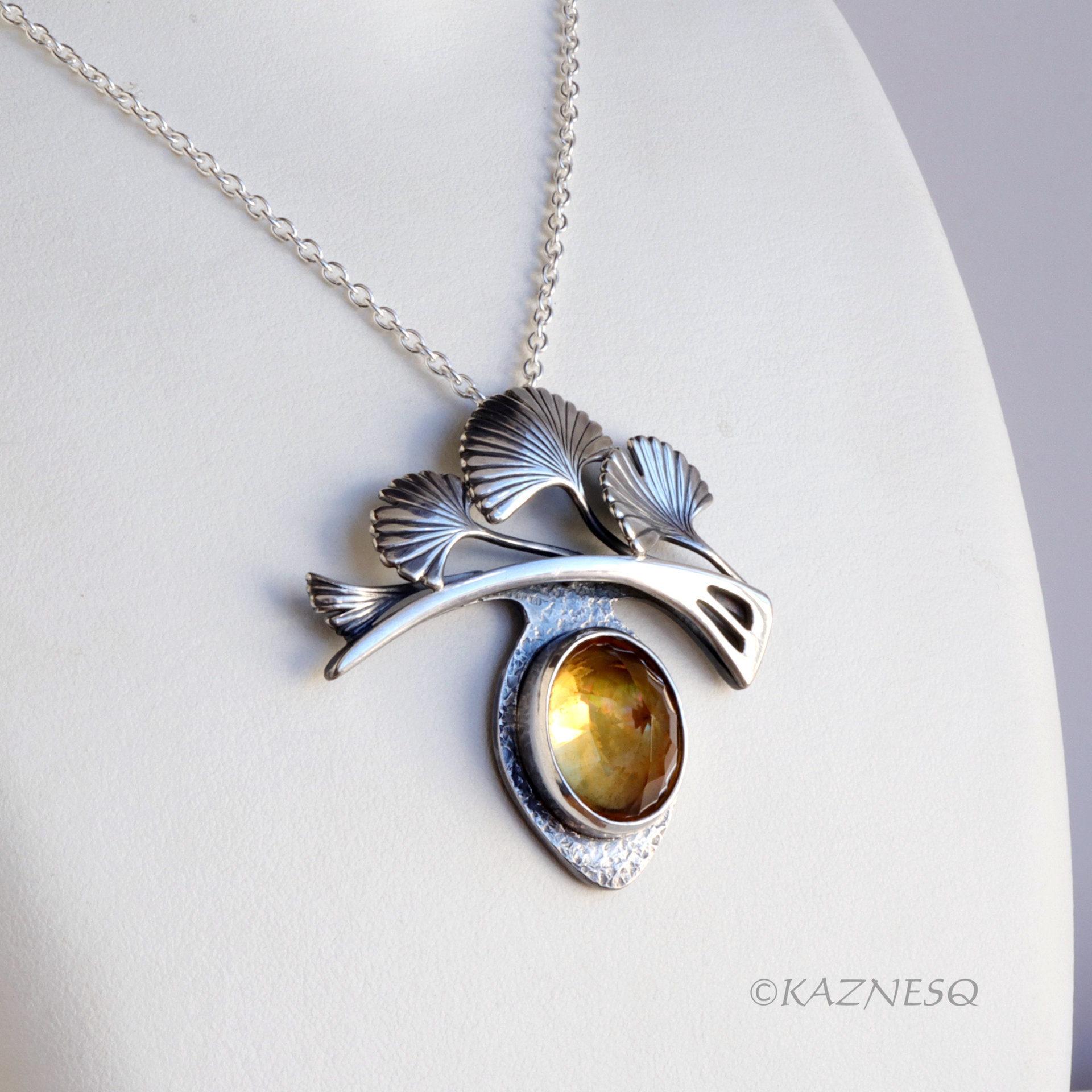 Hail Ginkgo! Silver Necklace with Ginkgo Leaf Motif, Citrine and Mother of Pearl