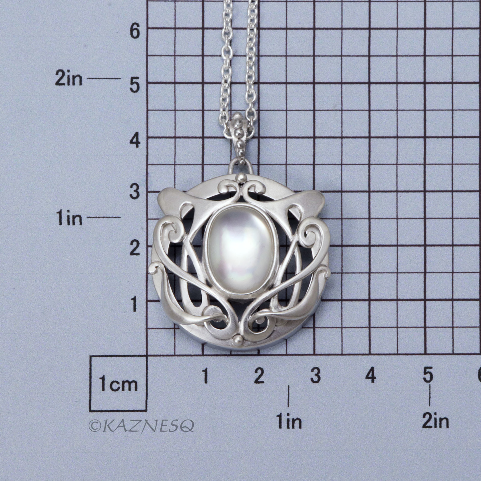 Art Nouveau style matte finished Silver and Quartz lined with Mother Of Pearl Pendant Necklace