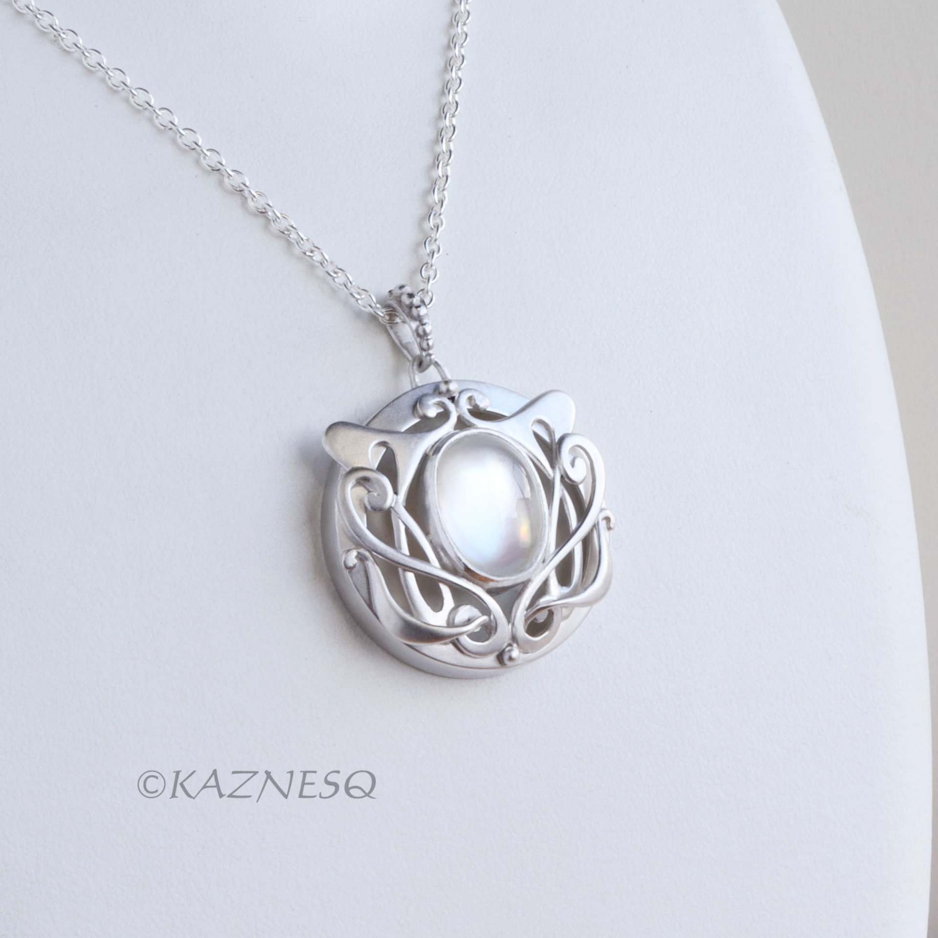 Art Nouveau style matte finished Silver and Quartz lined with Mother Of Pearl Pendant Necklace