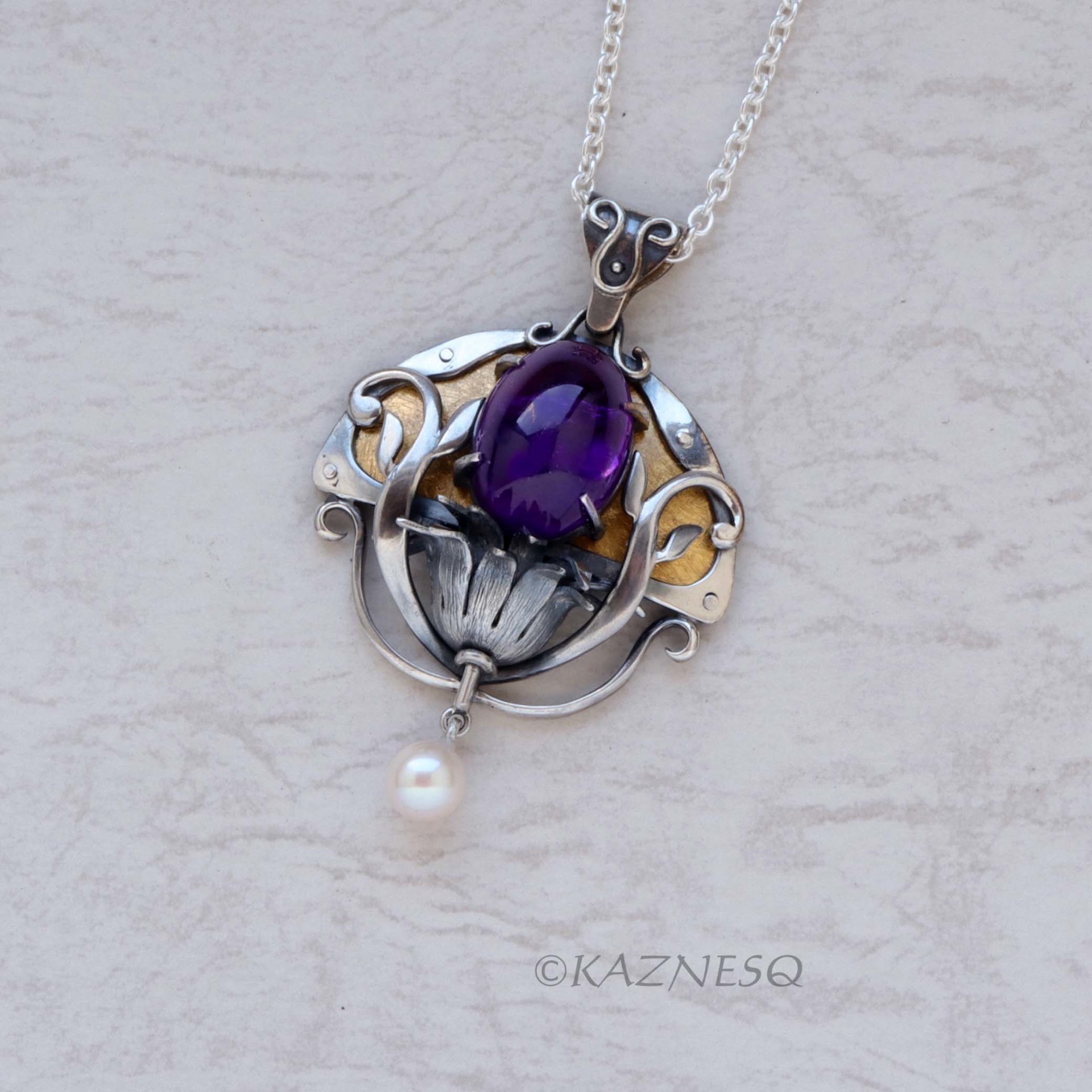 Art Nouveau style Amethyst cab and akoya pearl floral Keum Boo oxidized silver pendant necklace