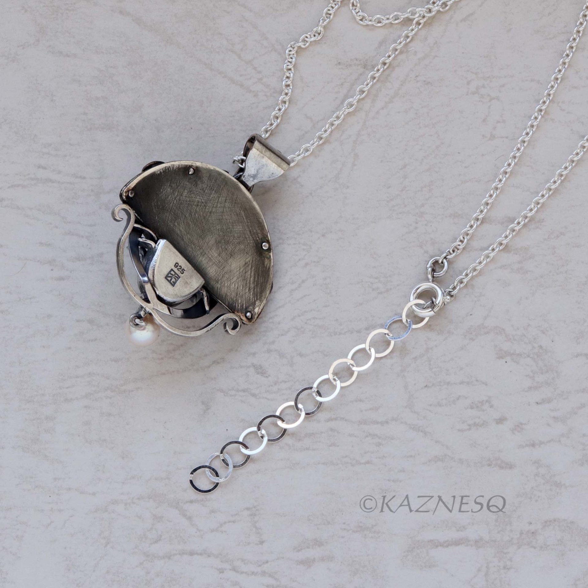 Art Nouveau style Amethyst cab and akoya pearl floral Keum Boo oxidized silver pendant necklace
