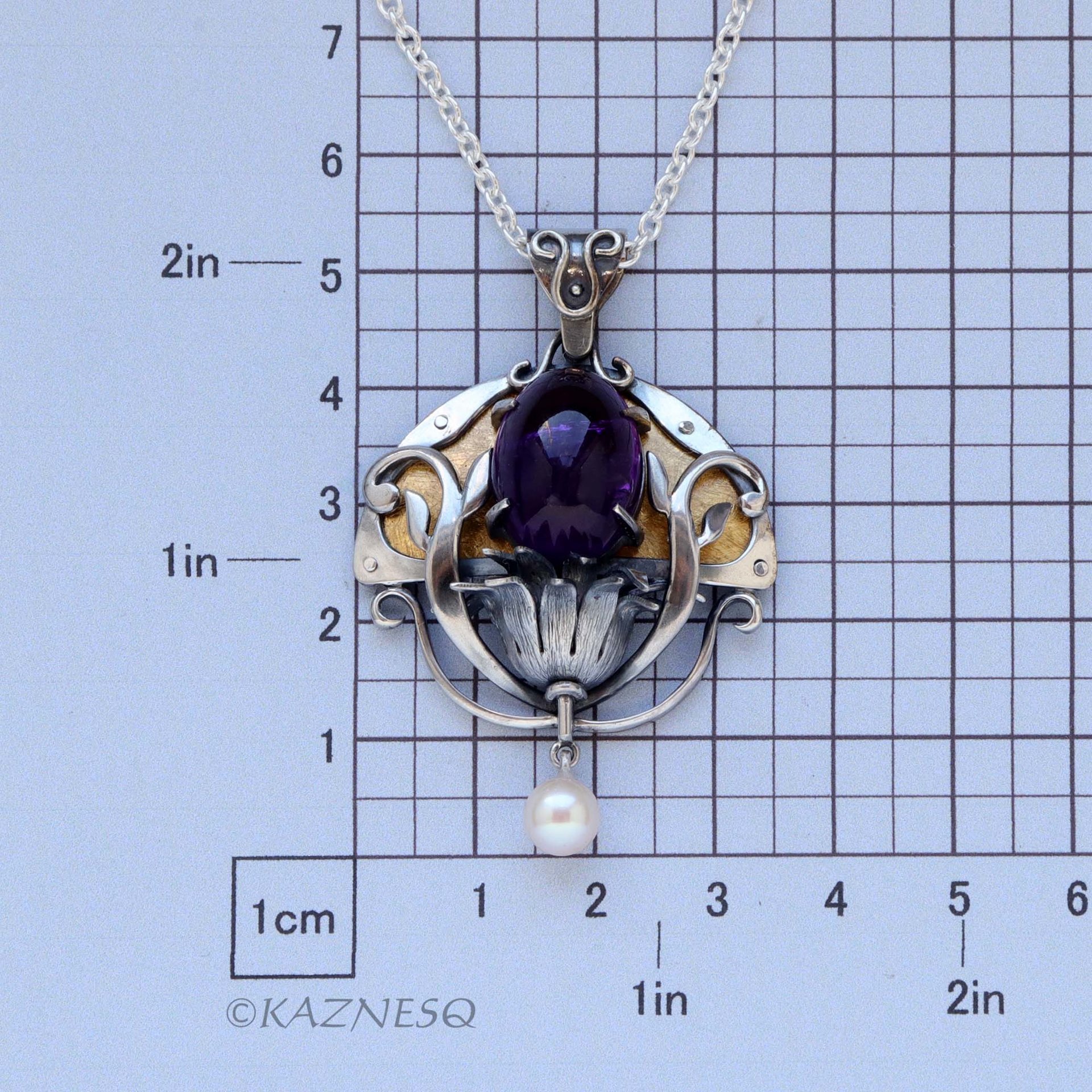 Art Nouveau style Amethyst cab and akoya pearl floral Keum Boo oxidized silver pendant necklace