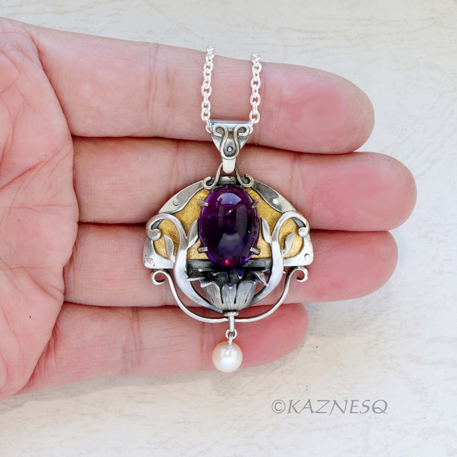 Art Nouveau style Amethyst cab and akoya pearl floral Keum Boo oxidized silver pendant necklace